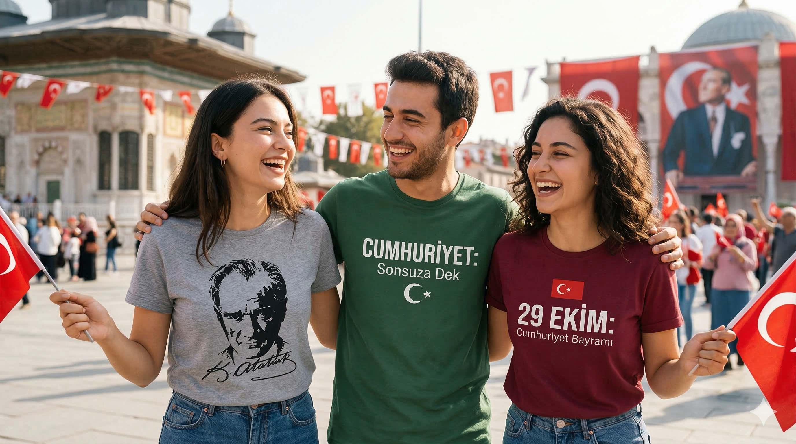 They wear t-shirts with 'Atatürk Silhouette', 'Cumhuriyet: Sonsuza Dek', and '29 Ekim: Cumhuriyet Bayramı' prints, laughing and connecting authentically. Natural daylight, warm color grade.