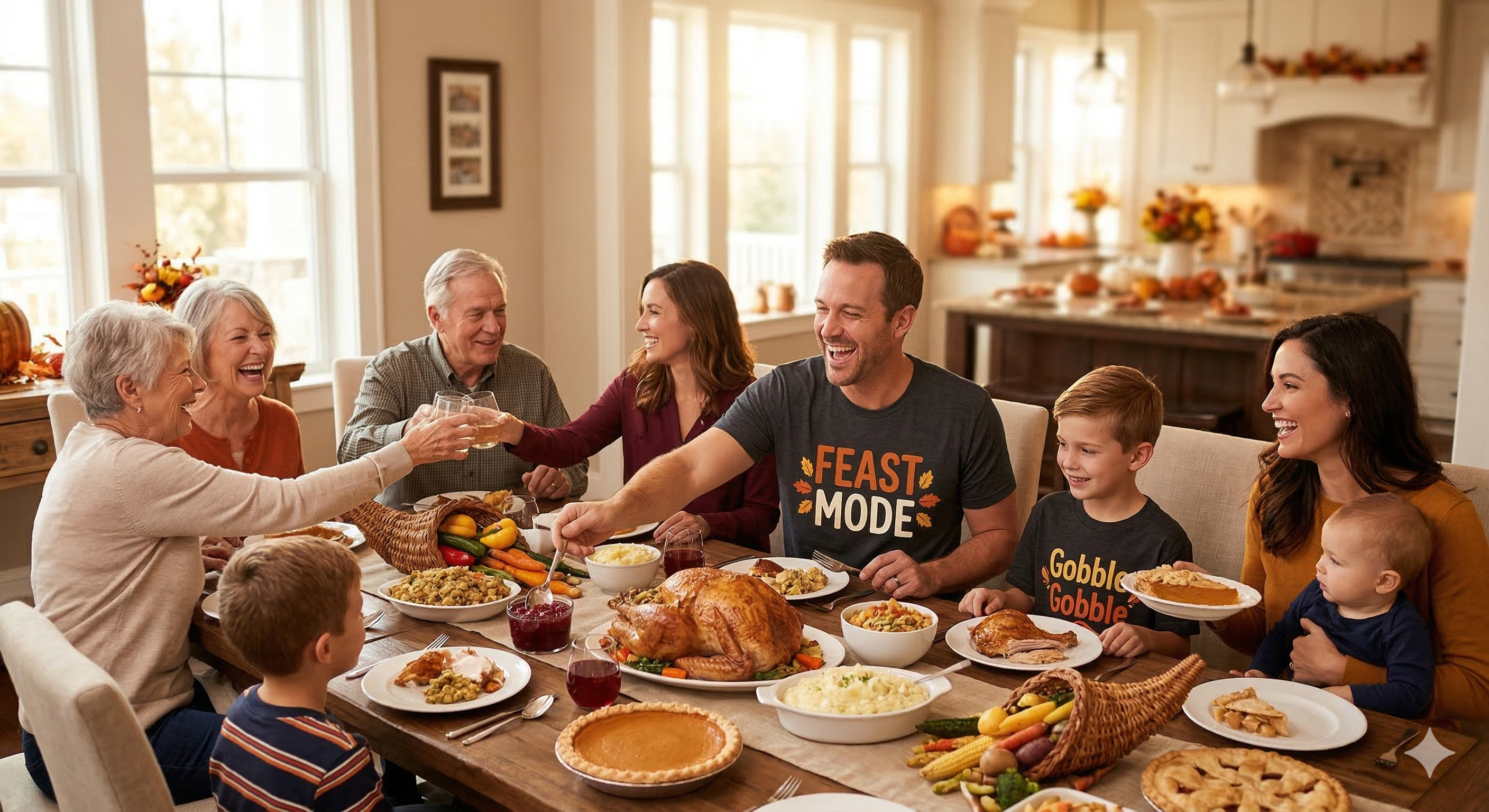 A happy multi-generational family gathers around a Thanksgiving table laden with food in a sunlit dining room. A parent wears a 'Feast Mode' t-shirt.