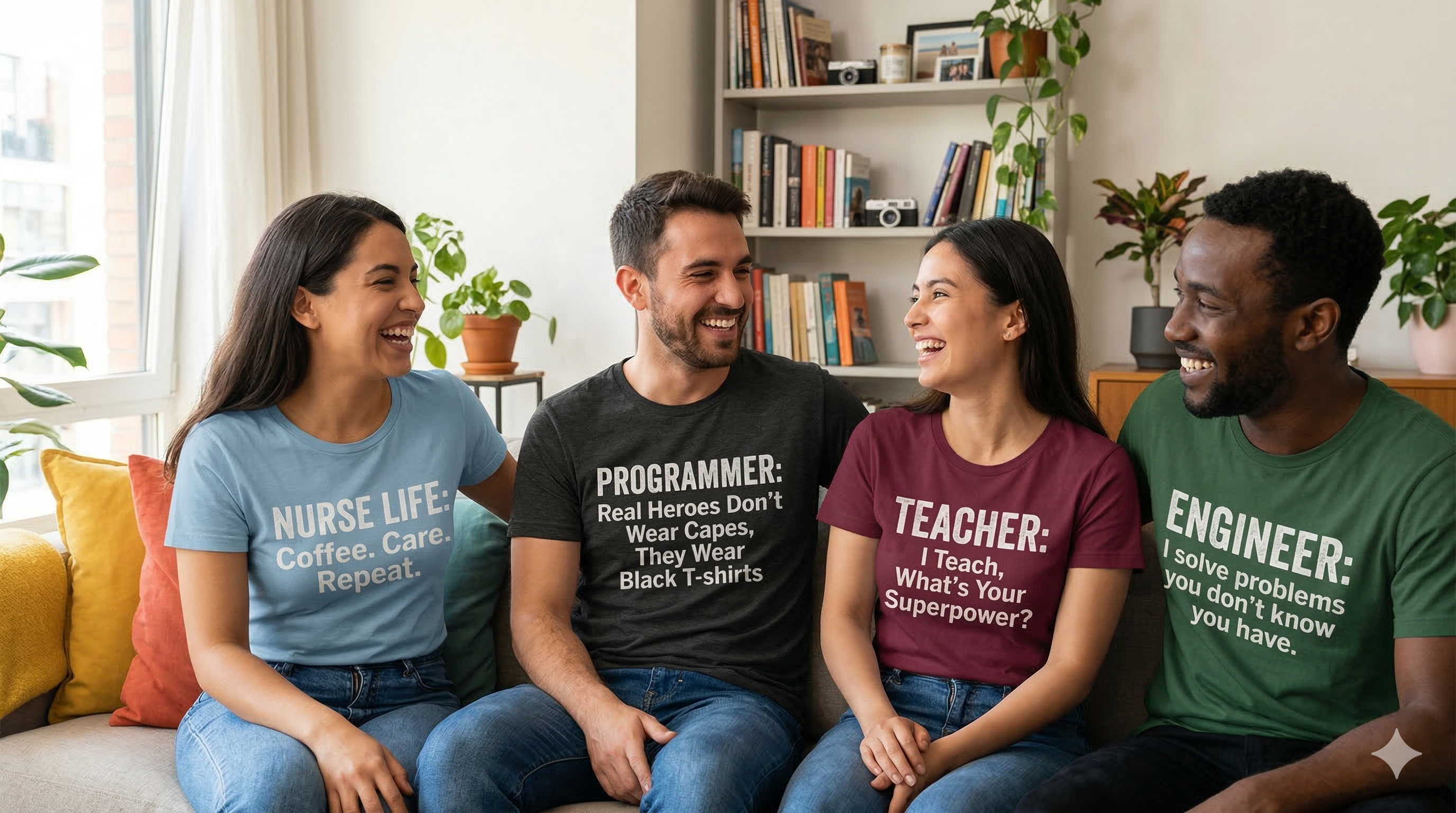 They wear t-shirts with 'Nurse Life', 'Programmer', 'Teacher Superpower', and 'Engineer Problem Solver' prints, laughing and connecting authentically. Natural daylight, warm color grade.
