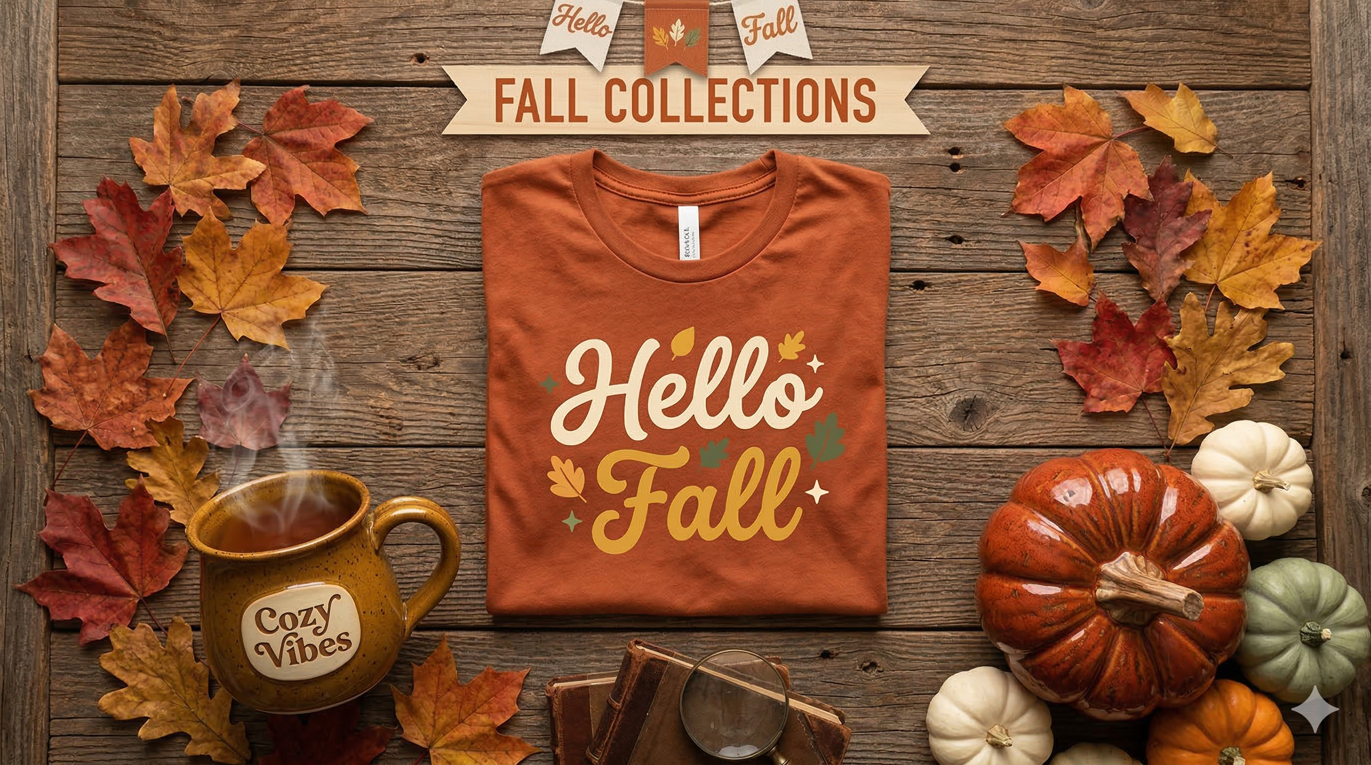 A warm lifestyle flat lay banner featuring a folded burnt orange t-shirt printed with 'Hello Fall' in a cozy font. The tee is surrounded by autumn leaves, a steaming mug, and a decorative pumpkin on a rustic wooden table.