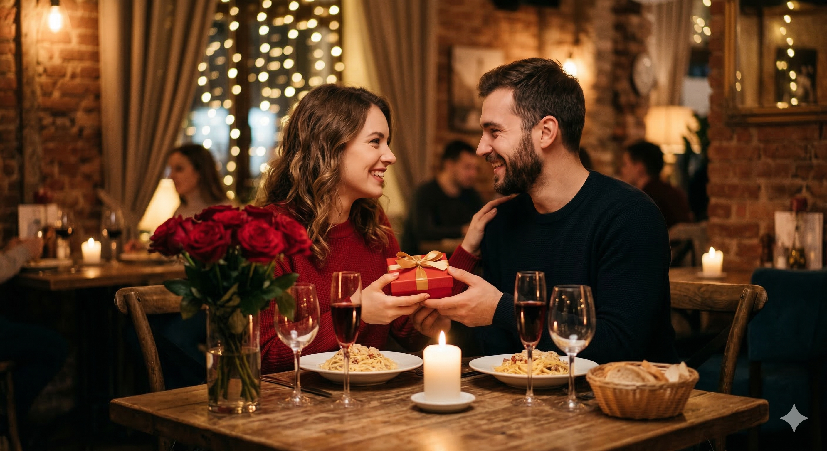 Romantic couple exchanging a Valentine's Day gift box at a candlelit dinner, representing thoughtful gift ideas.