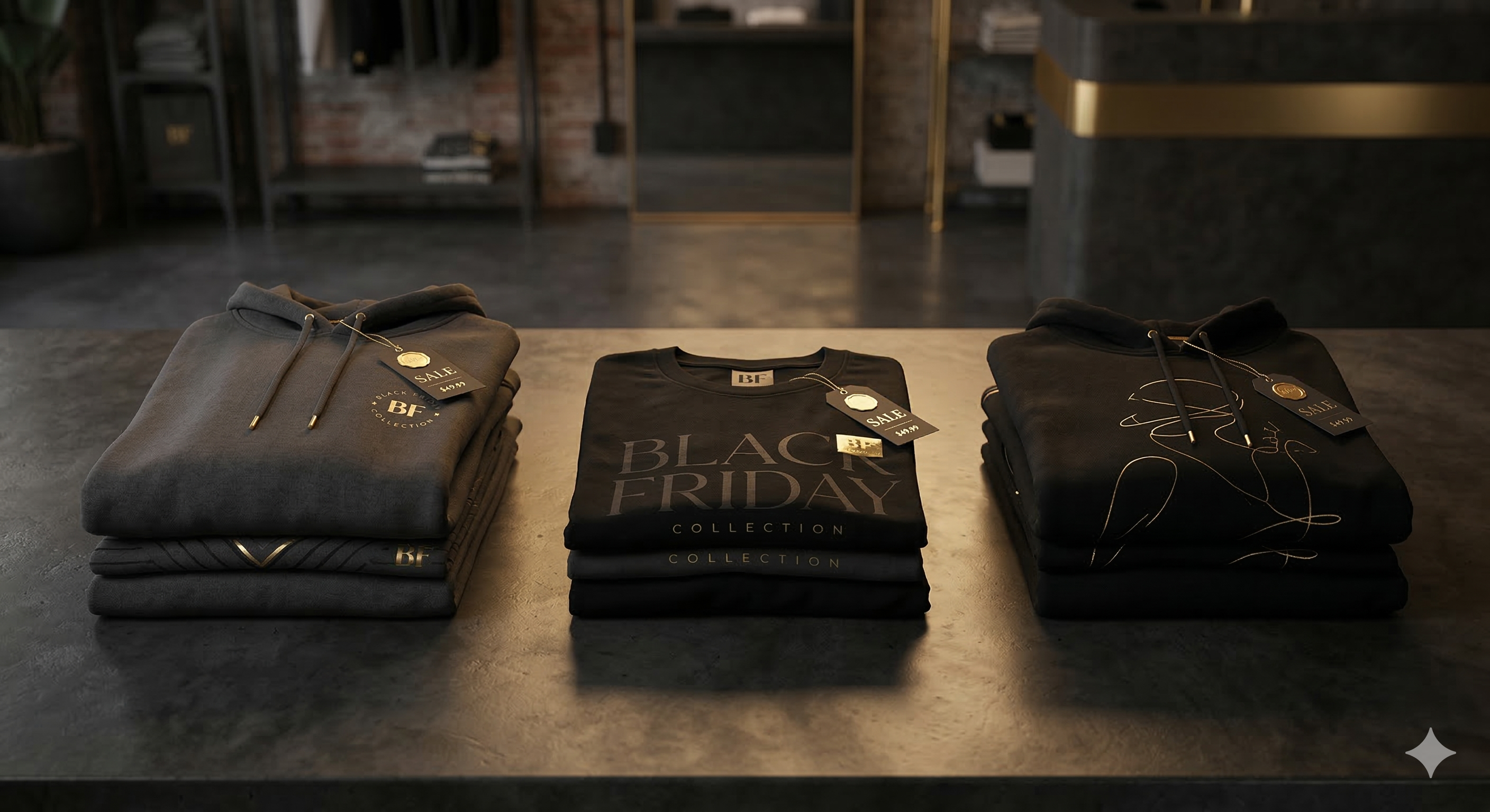 A modern e-commerce visual featuring stacked dark charcoal and black graphic apparel (folded hoodies and tees) with subtle gold accents and "SALE" price tags on a dark polished concrete surface for a Black Friday event.
