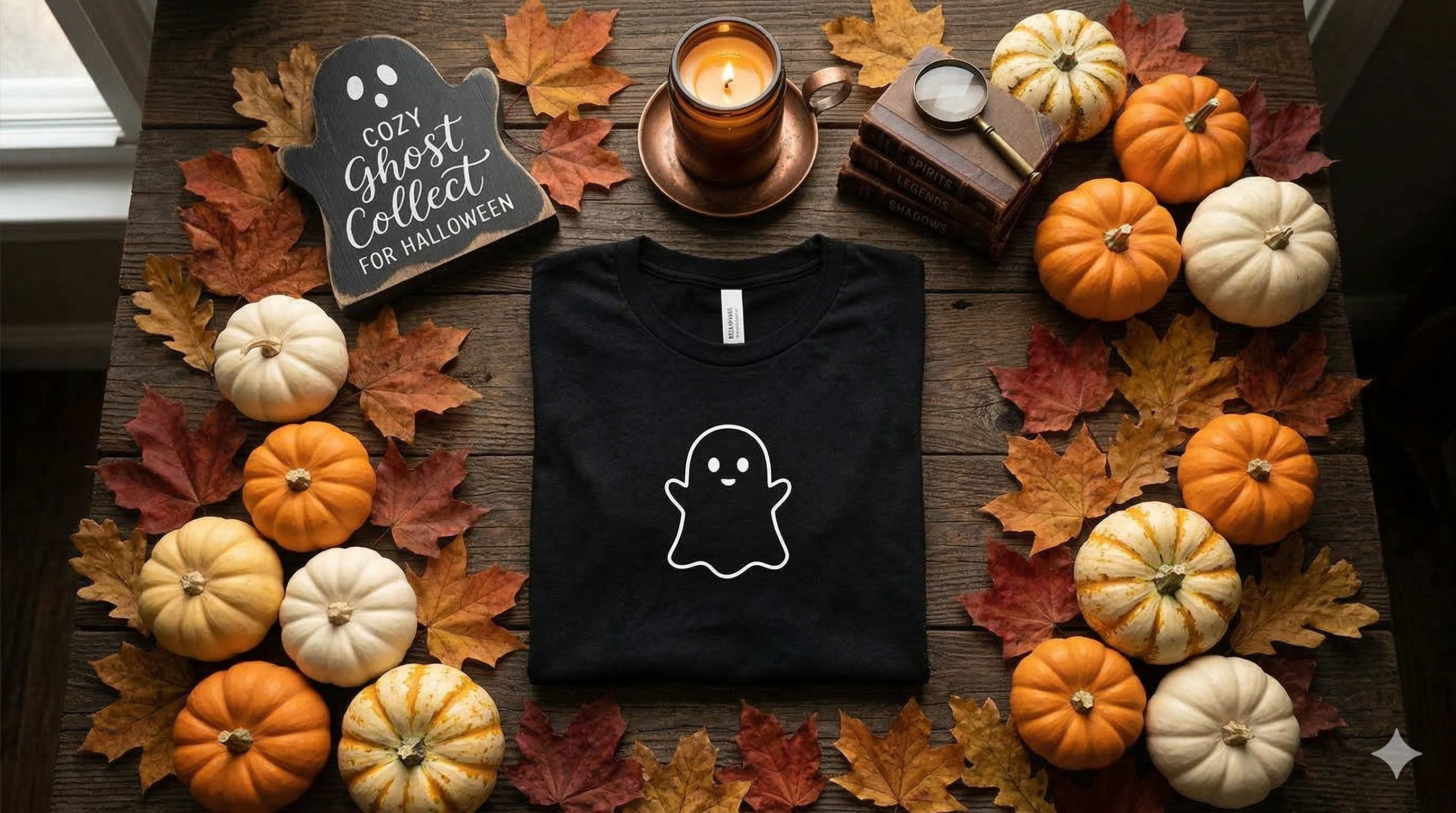 A cozy flat lay of a black graphic t-shirt featuring a minimalist white ghost, surrounded by mini pumpkins, autumn leaves, and a lit candle on a dark wooden table for Halloween.