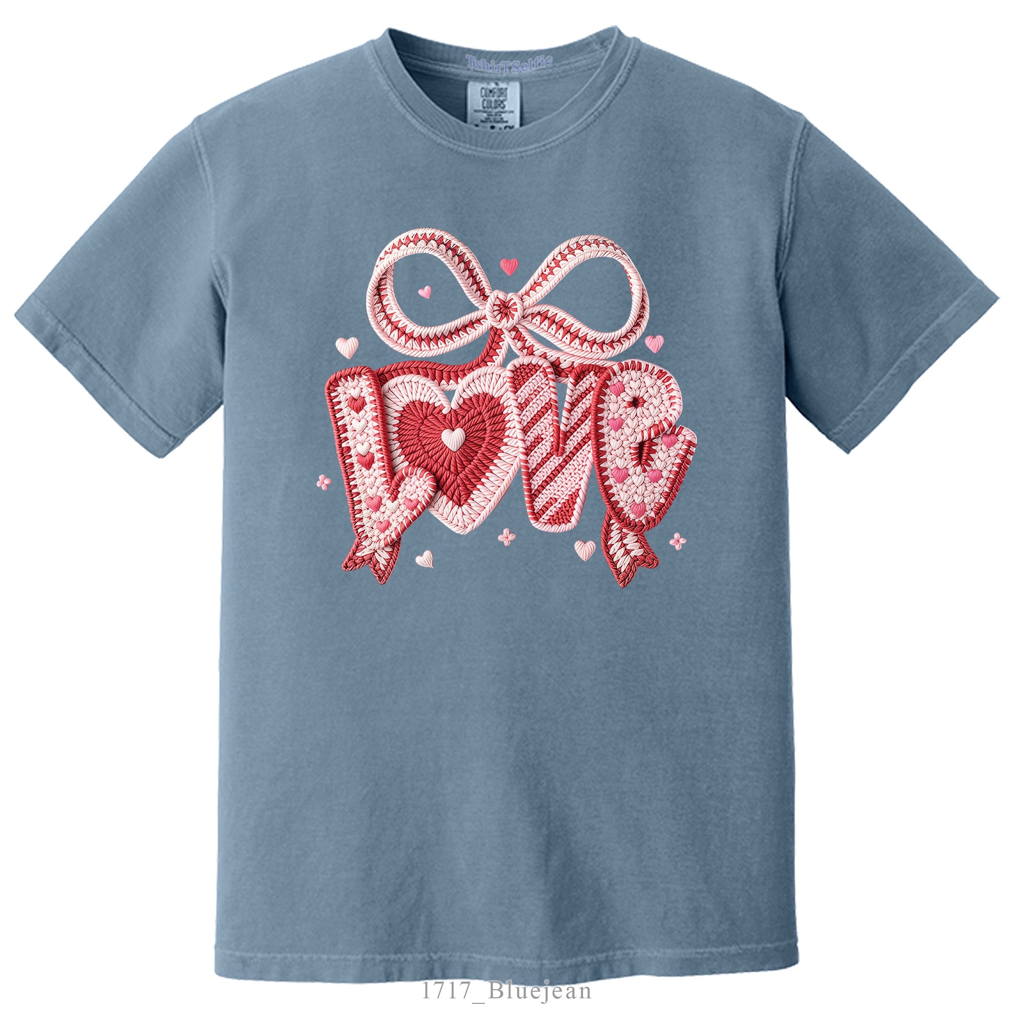 Crochet Heart and Bow Detailed Love Lettered Valentines Day DTF Printed T-Shirt