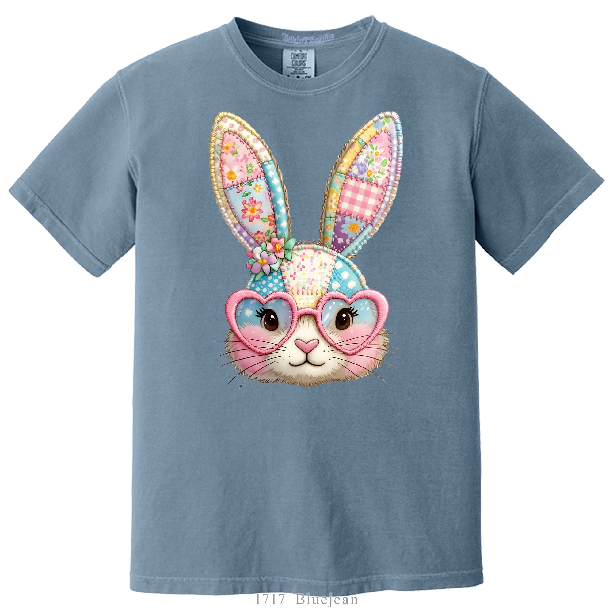 Patchwork Pattern Bunny with Heart Glasses Easter DTF Printed T-Shirt
