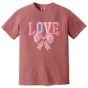 Comfort Colors T-Shirt Embroidery Look Bow Detailed Love Lettered DTF Printed T-Shirt