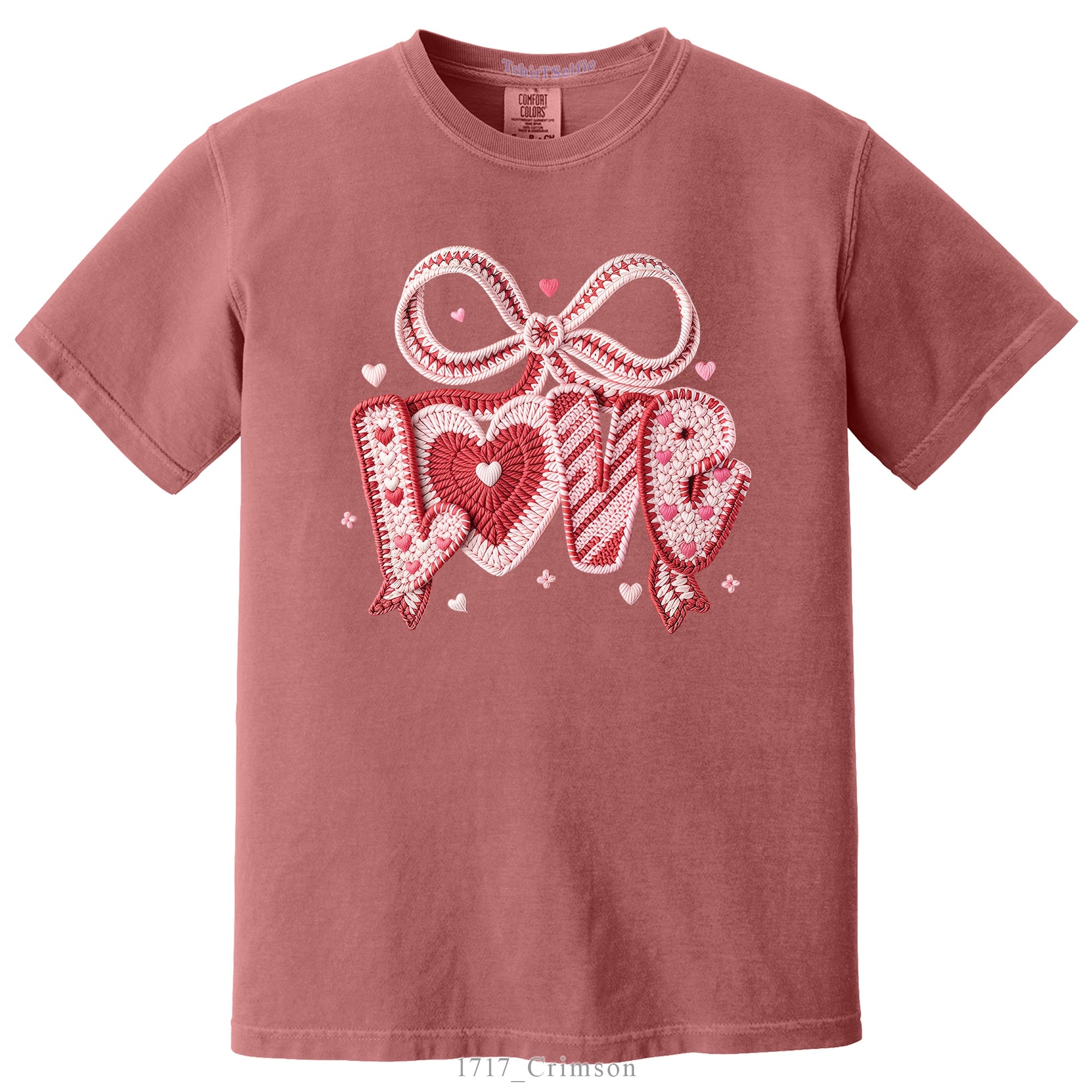 Crochet Heart and Bow Detailed Love Lettered Valentines Day DTF Printed T-Shirt