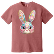 Patchwork Pattern Bunny with Heart Glasses Easter DTF Printed T-Shirt