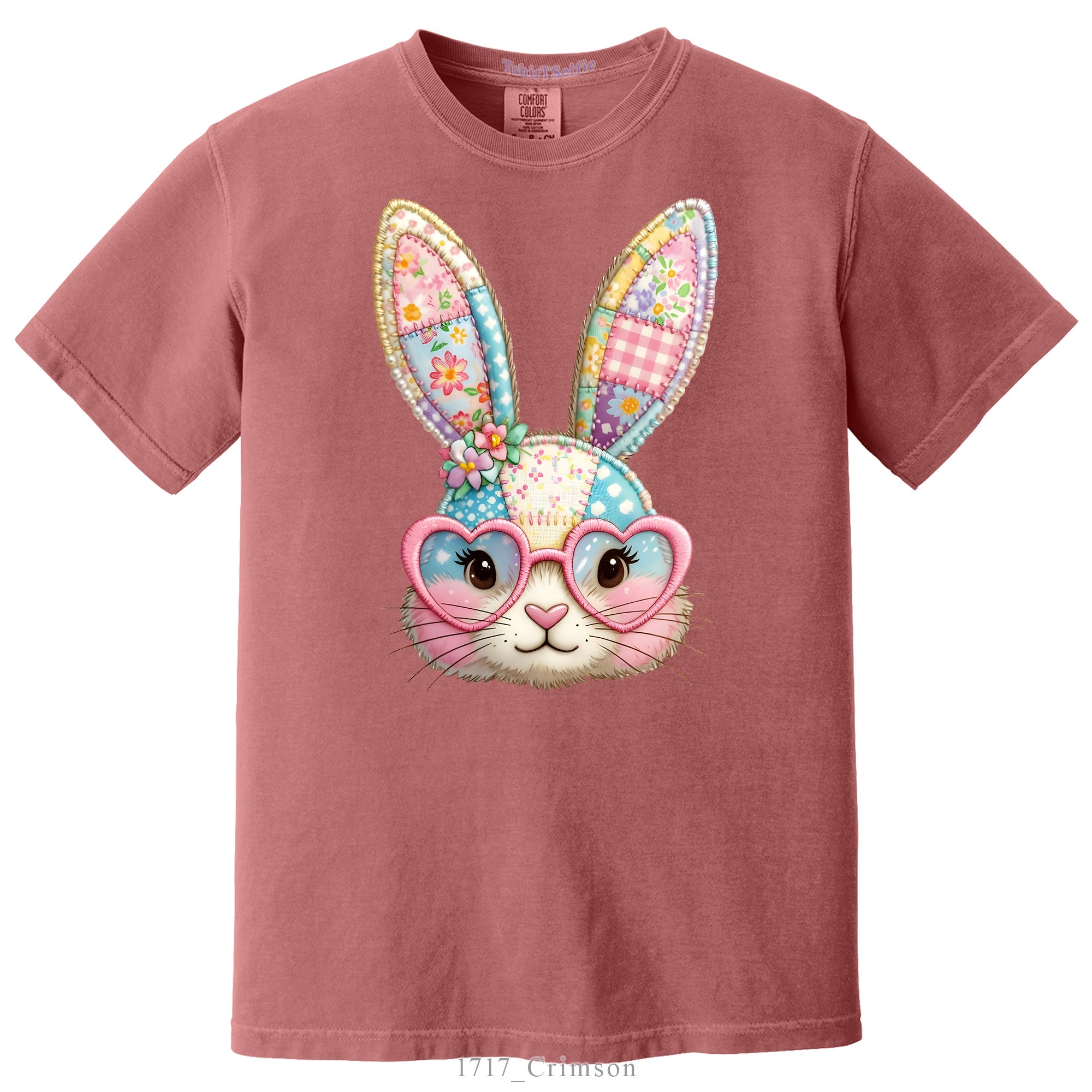 Patchwork Pattern Bunny with Heart Glasses Easter DTF Printed T-Shirt