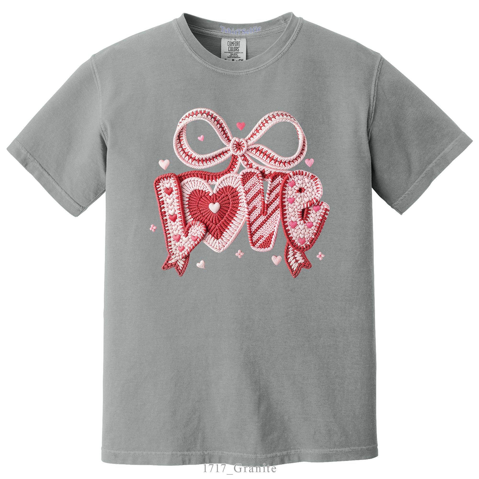 Crochet Heart and Bow Detailed Love Lettered Valentines Day DTF Printed T-Shirt