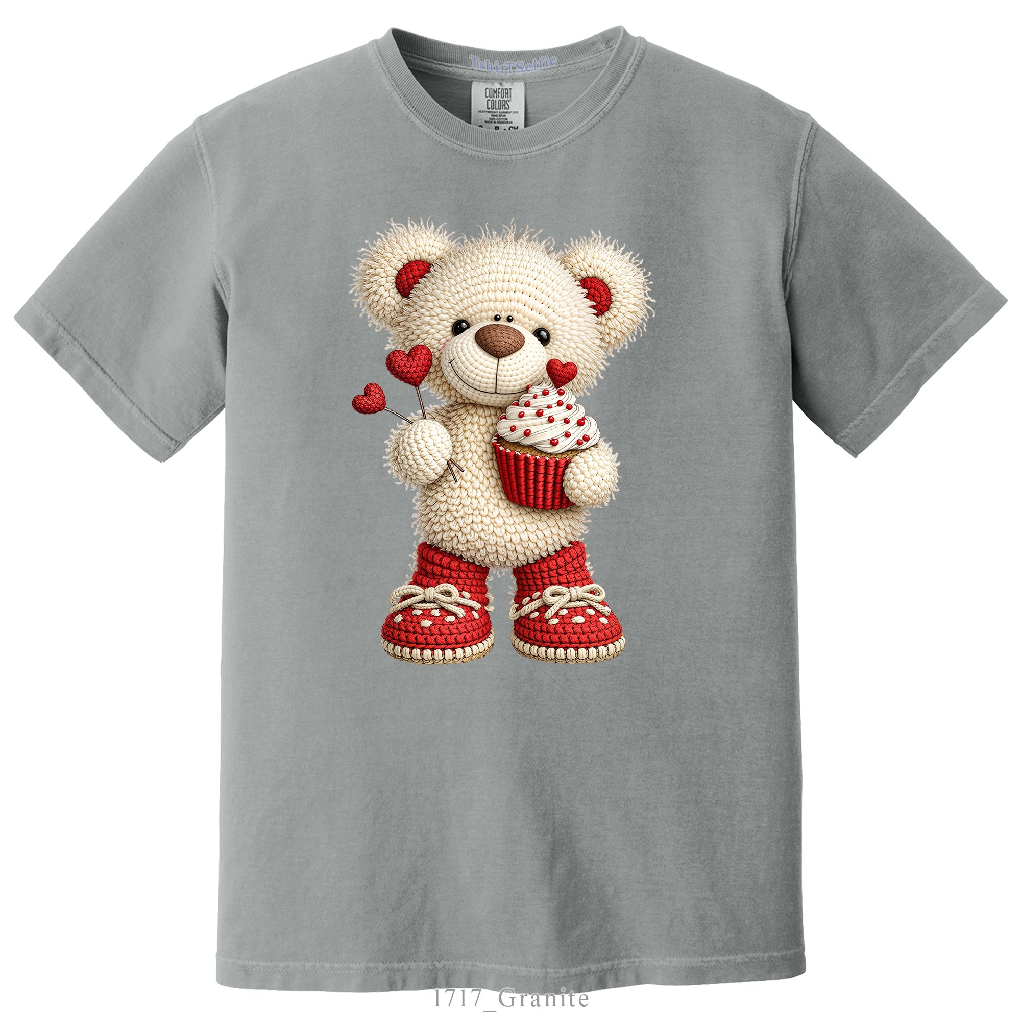 Crochet Heart Bear and Cupcake Design DTF Printed T-Shirt