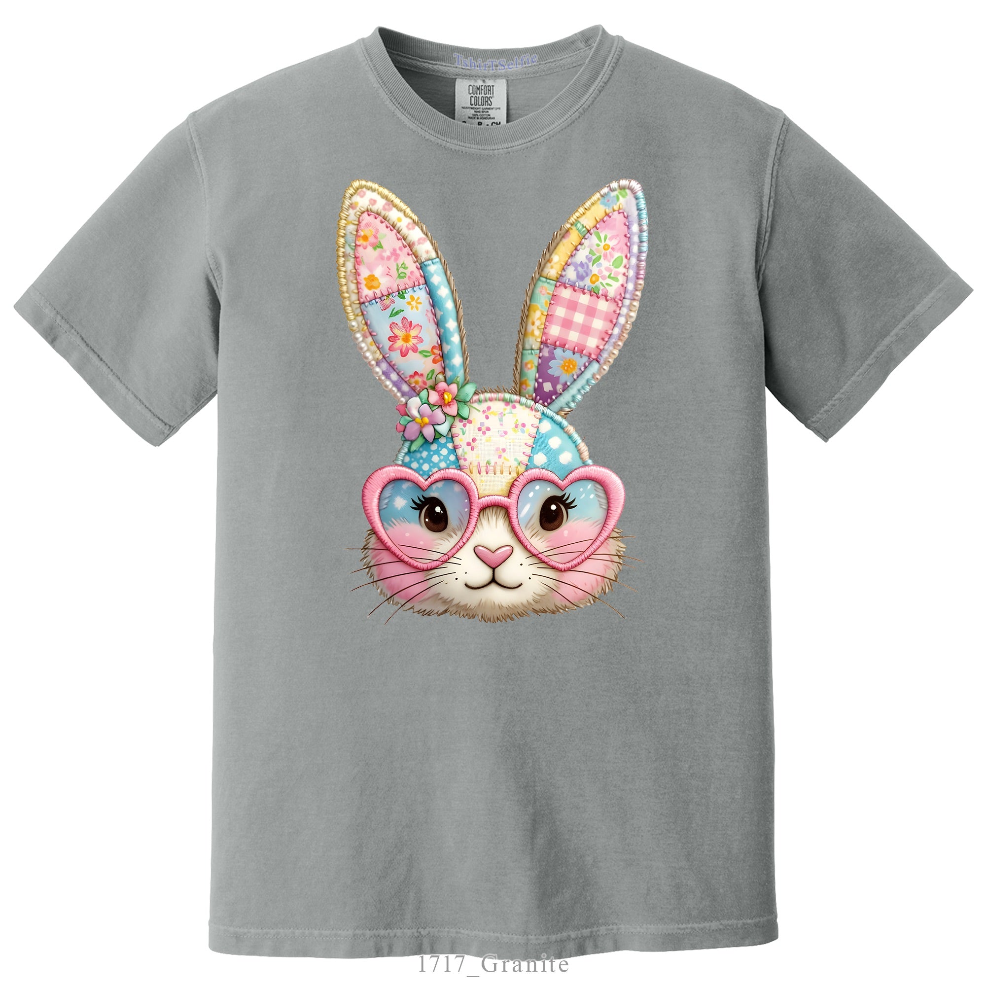 Patchwork Pattern Bunny with Heart Glasses Easter DTF Printed T-Shirt