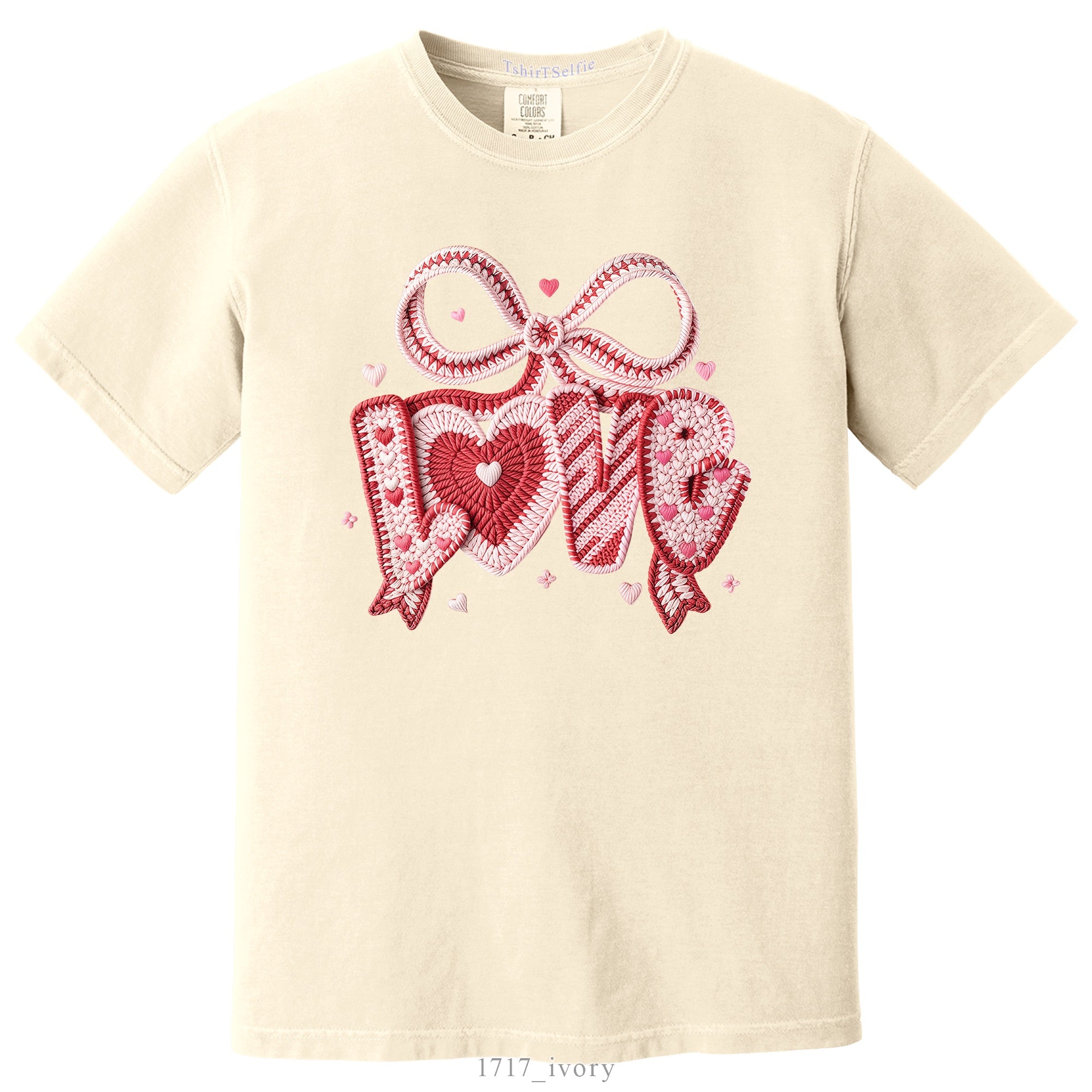 Crochet Heart and Bow Detailed Love Lettered Valentines Day DTF Printed T-Shirt