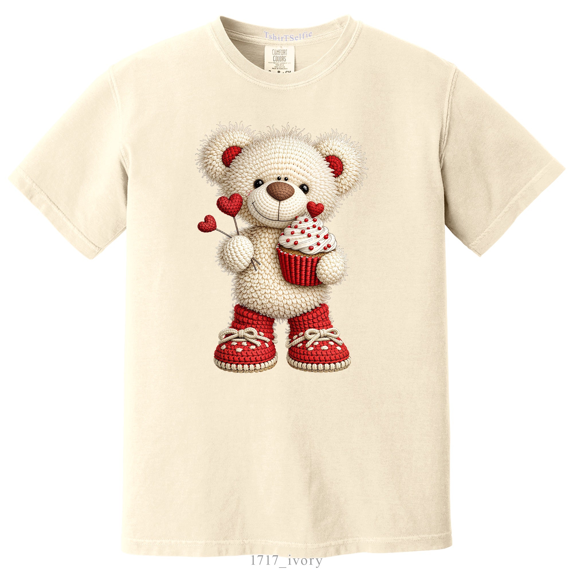 Crochet Heart Bear and Cupcake Design DTF Printed T-Shirt