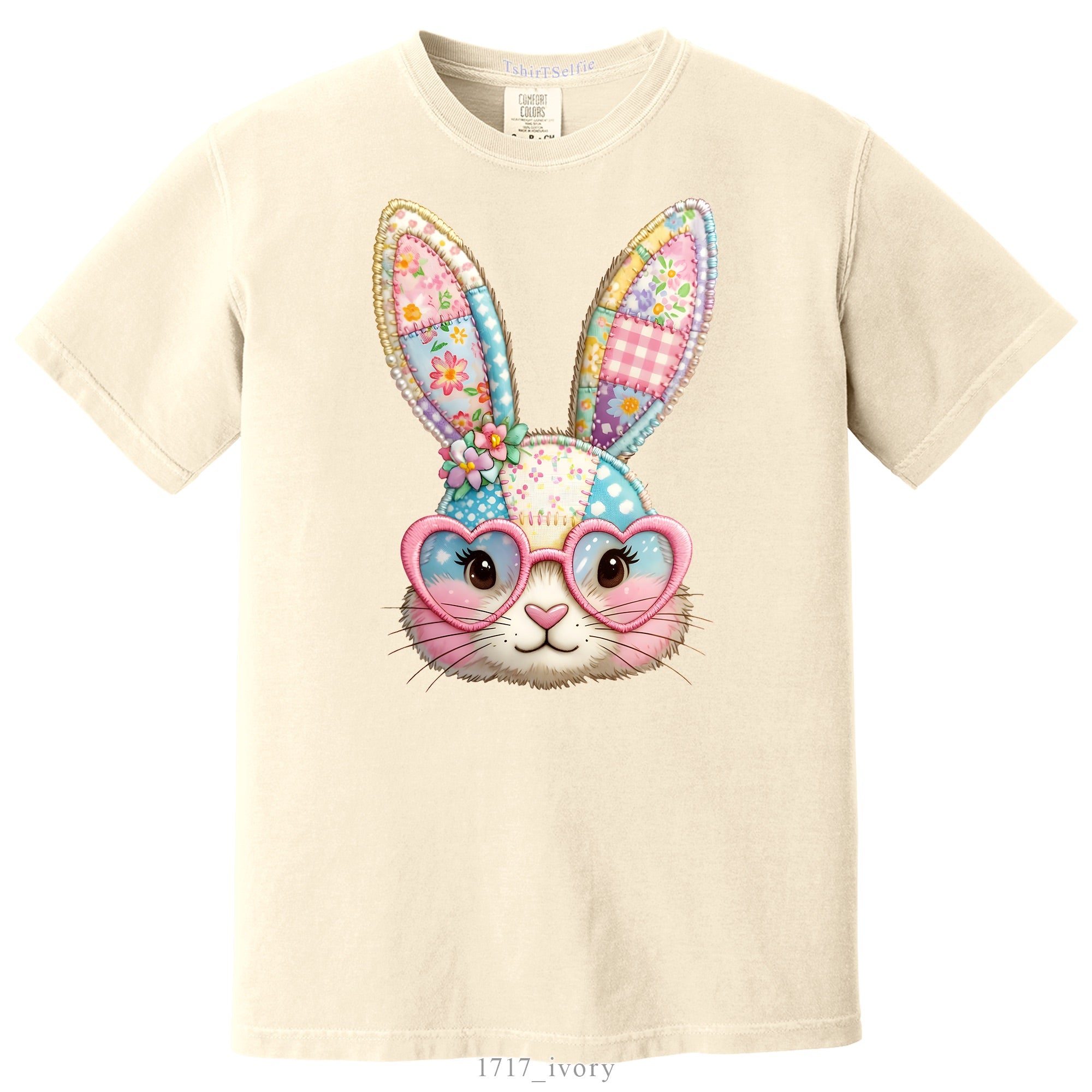 Patchwork Pattern Bunny with Heart Glasses Easter DTF Printed T-Shirt