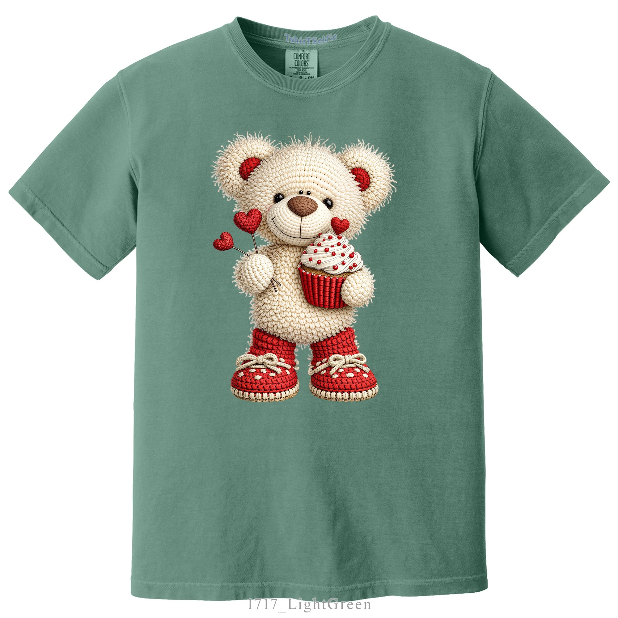 Crochet Heart Bear and Cupcake Design DTF Printed T-Shirt