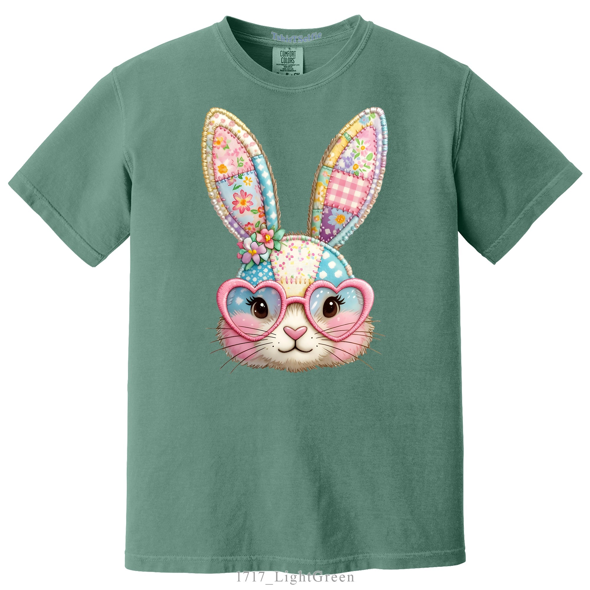 Patchwork Pattern Bunny with Heart Glasses Easter DTF Printed T-Shirt