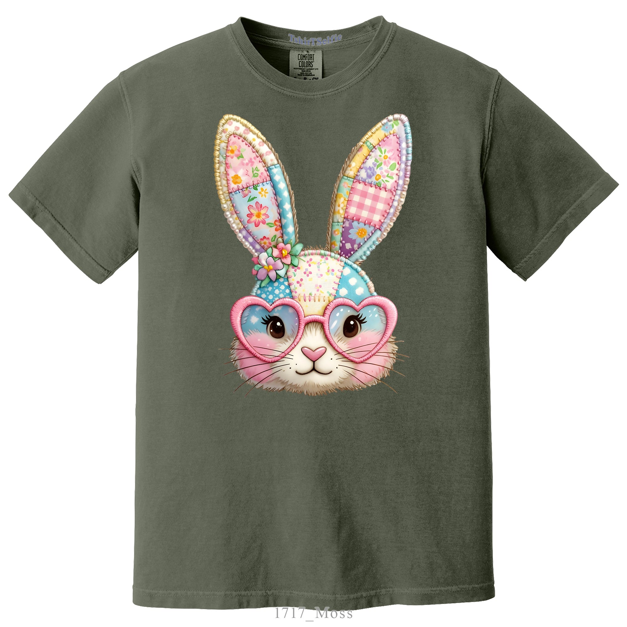 Patchwork Pattern Bunny with Heart Glasses Easter DTF Printed T-Shirt