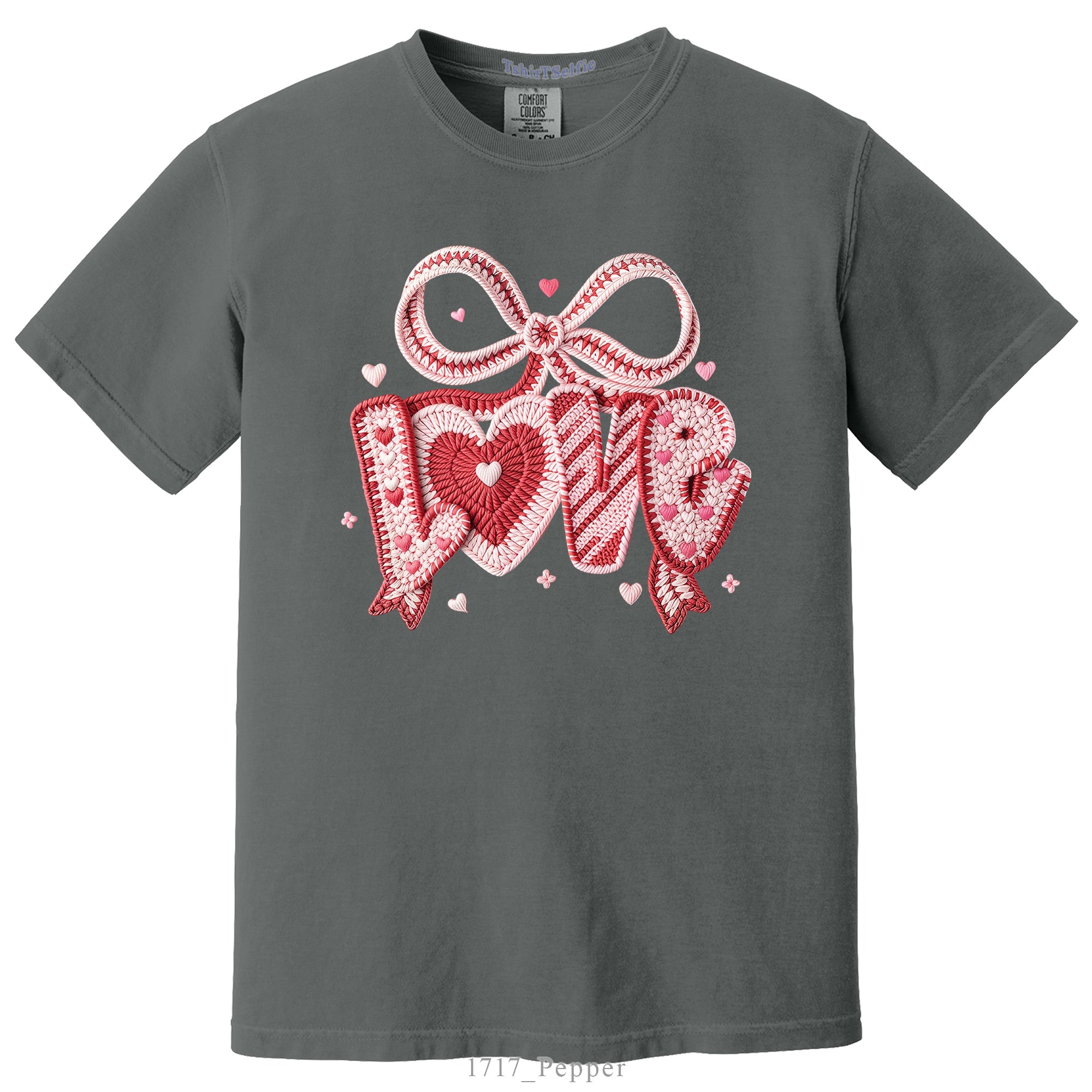 Crochet Heart and Bow Detailed Love Lettered Valentines Day DTF Printed T-Shirt