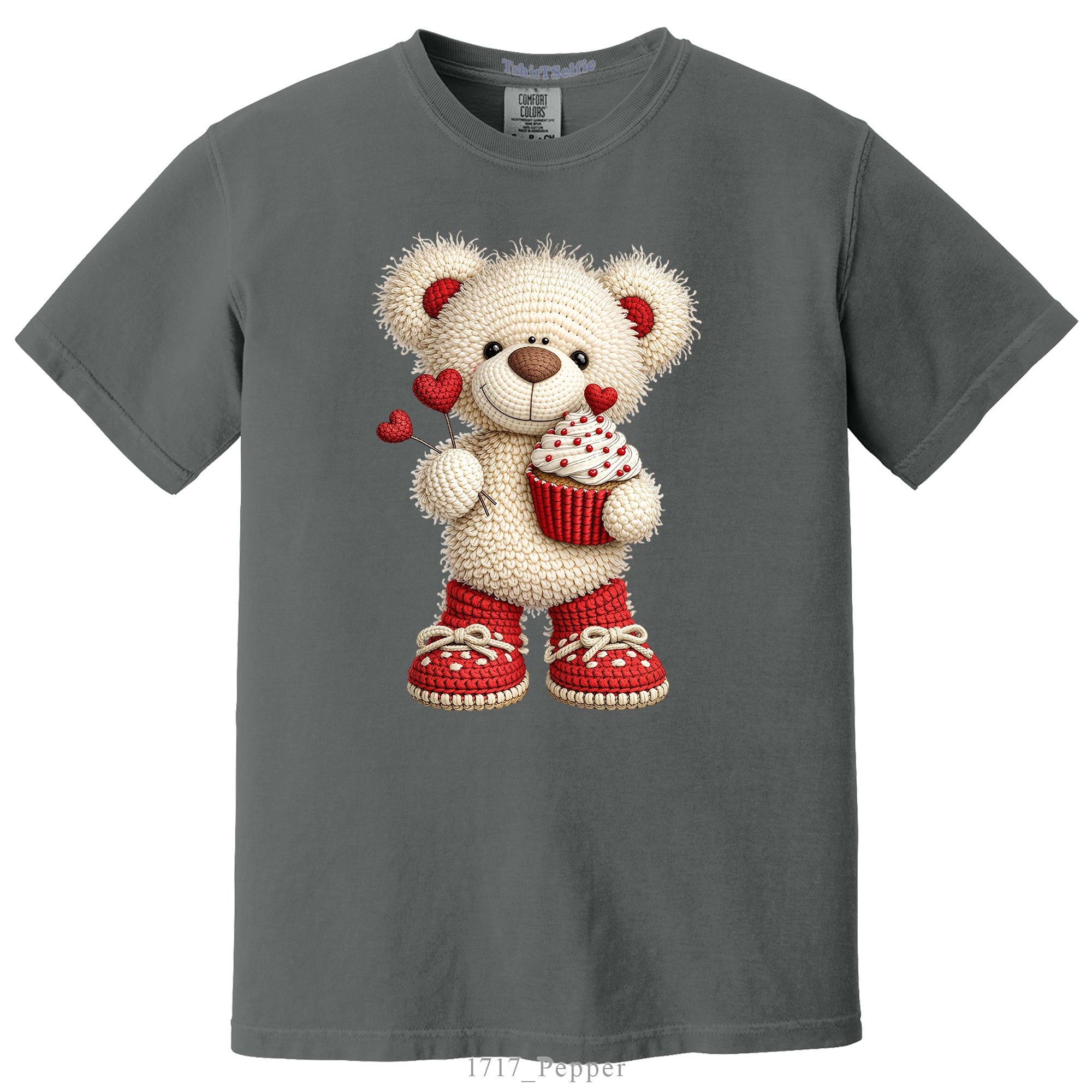 Crochet Heart Bear and Cupcake Design DTF Printed T-Shirt