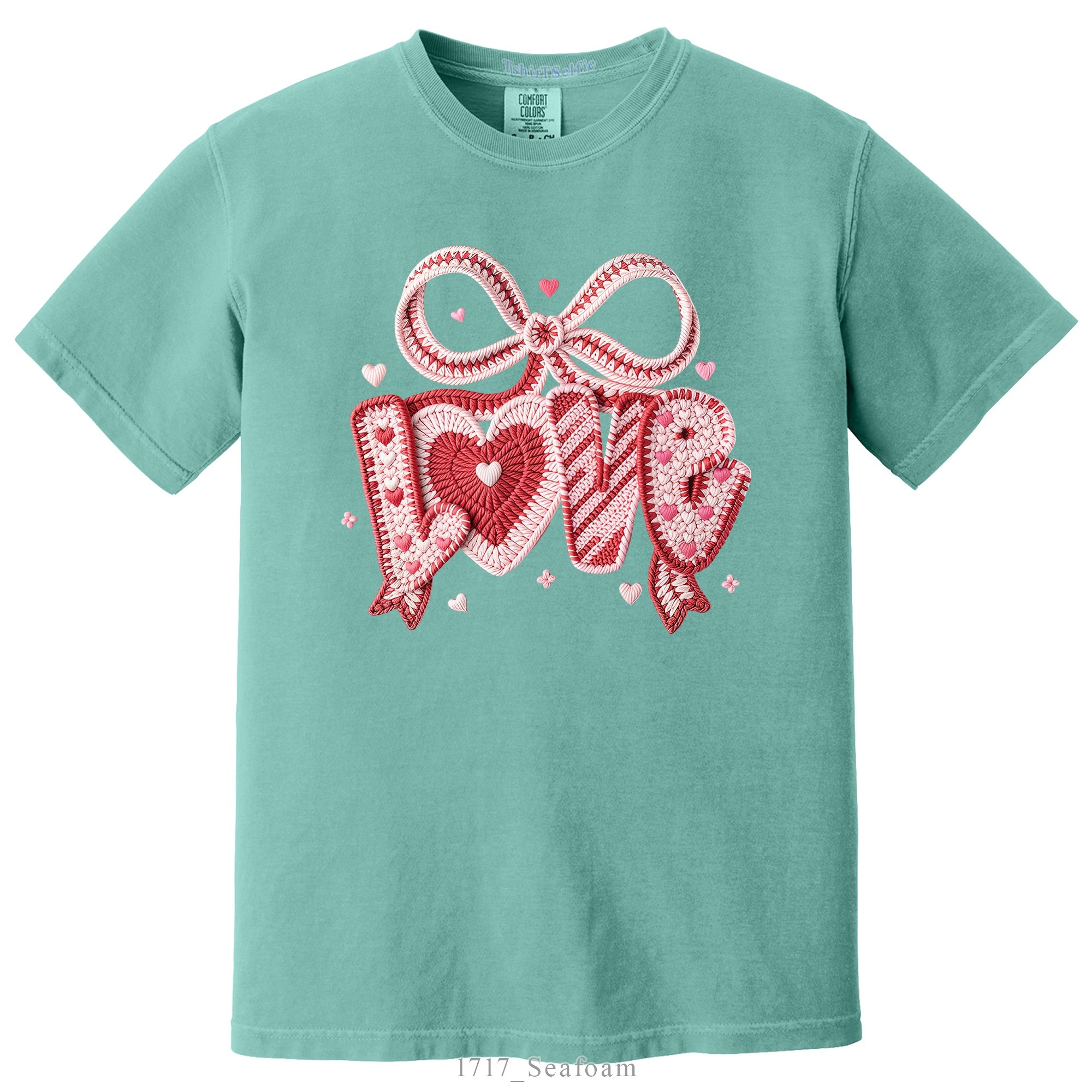 Crochet Heart and Bow Detailed Love Lettered Valentines Day DTF Printed T-Shirt