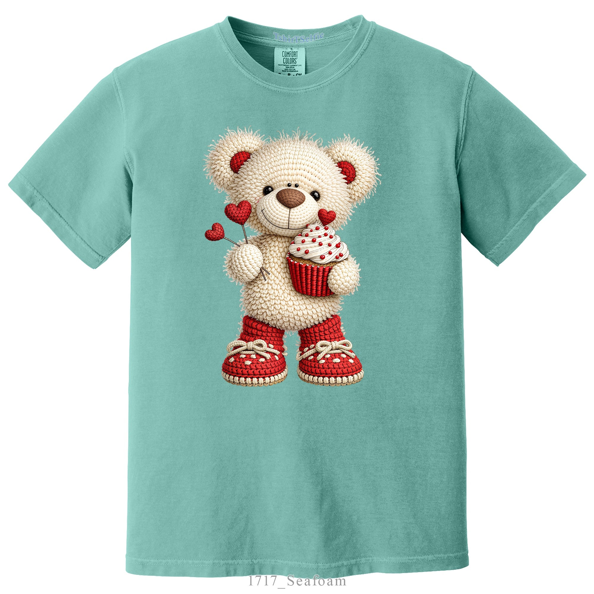 Crochet Heart Bear and Cupcake Design DTF Printed T-Shirt