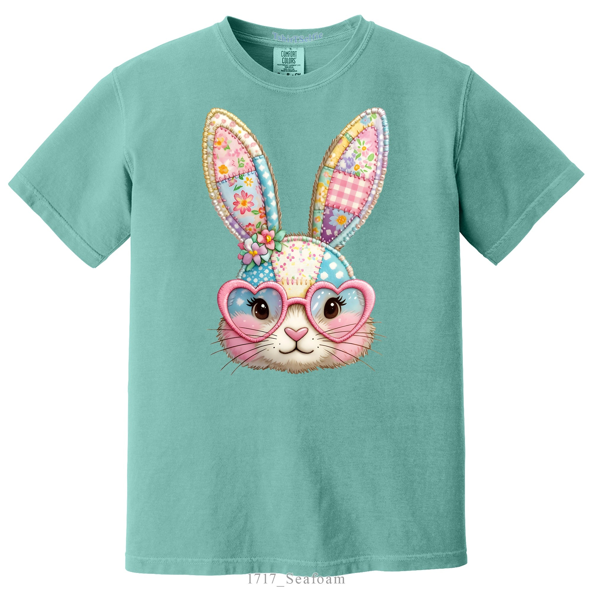 Patchwork Pattern Bunny with Heart Glasses Easter DTF Printed T-Shirt
