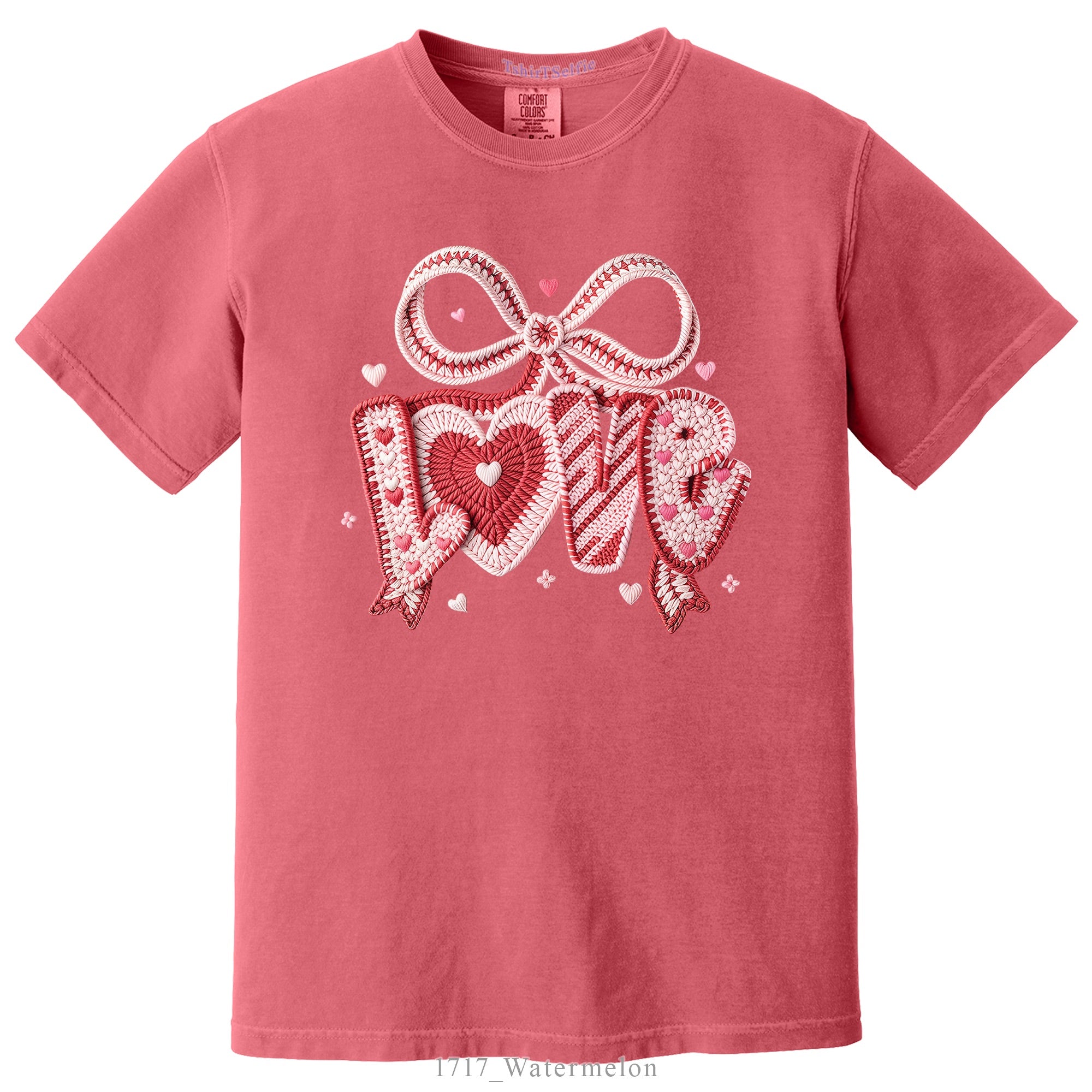 Crochet Heart and Bow Detailed Love Lettered Valentines Day DTF Printed T-Shirt
