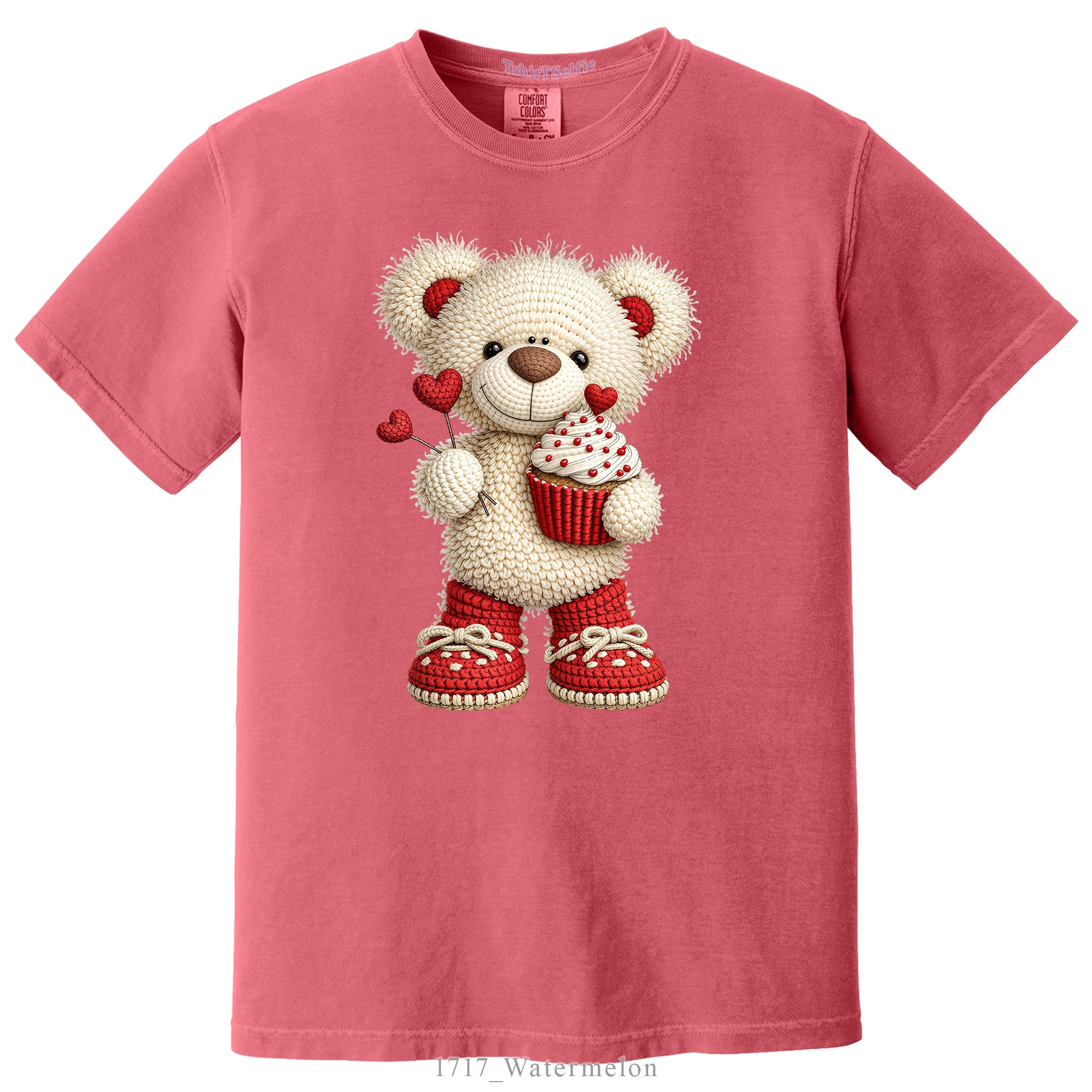 Crochet Heart Bear and Cupcake Design DTF Printed T-Shirt