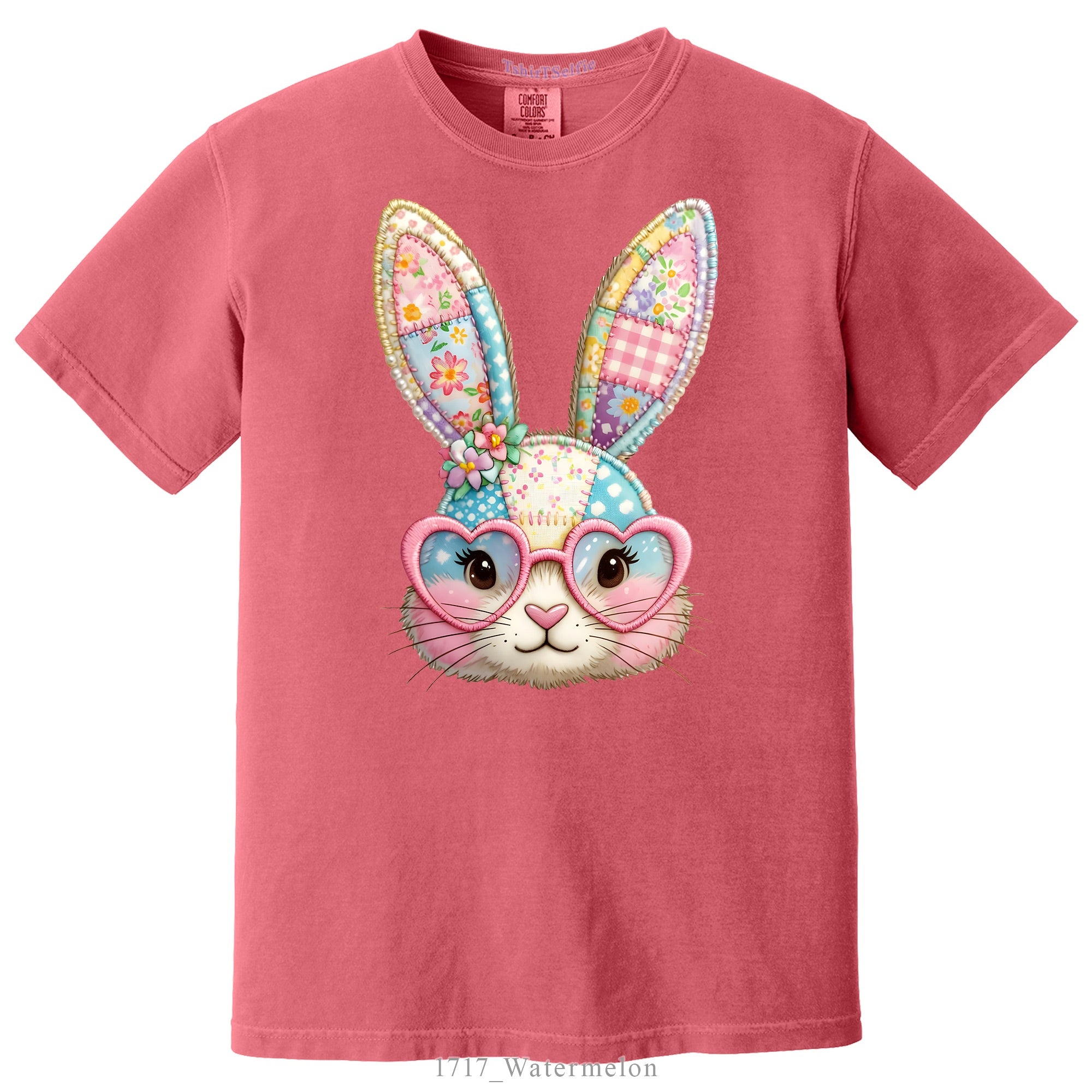 Patchwork Pattern Bunny with Heart Glasses Easter DTF Printed T-Shirt