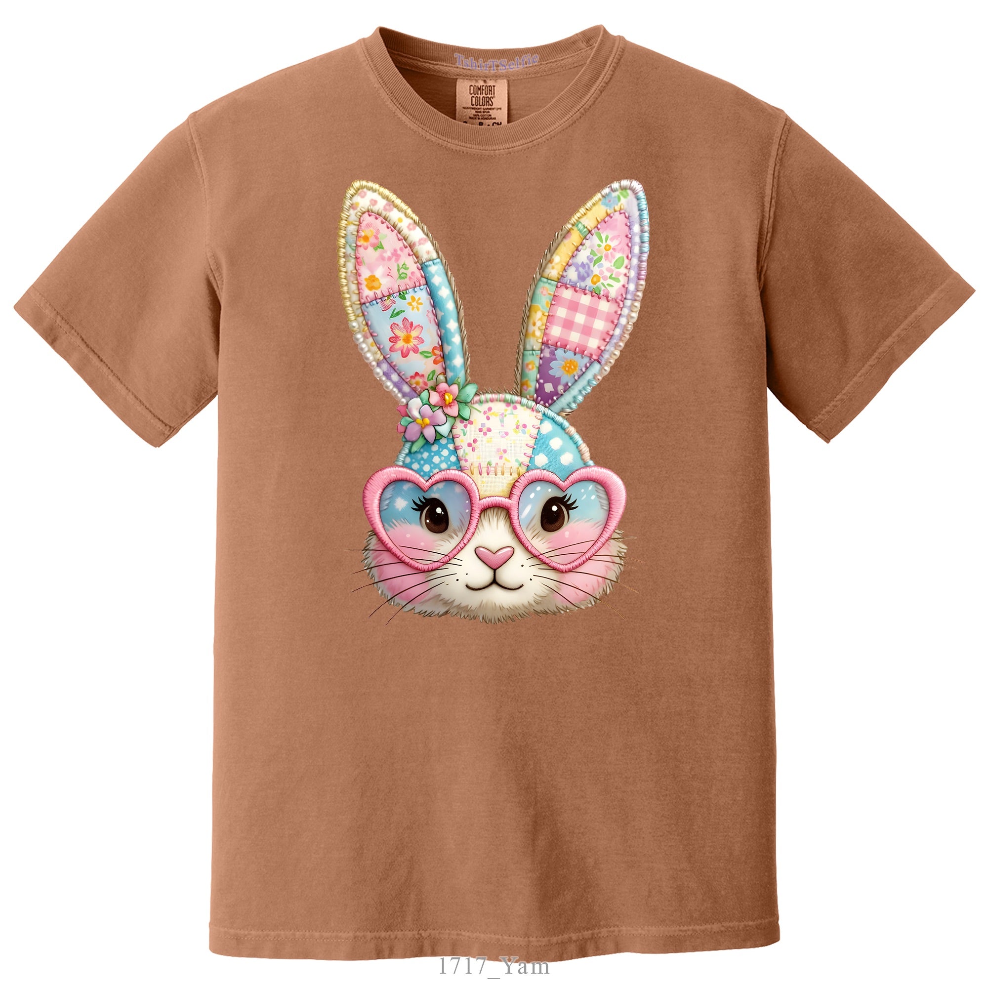 Patchwork Pattern Bunny with Heart Glasses Easter DTF Printed T-Shirt