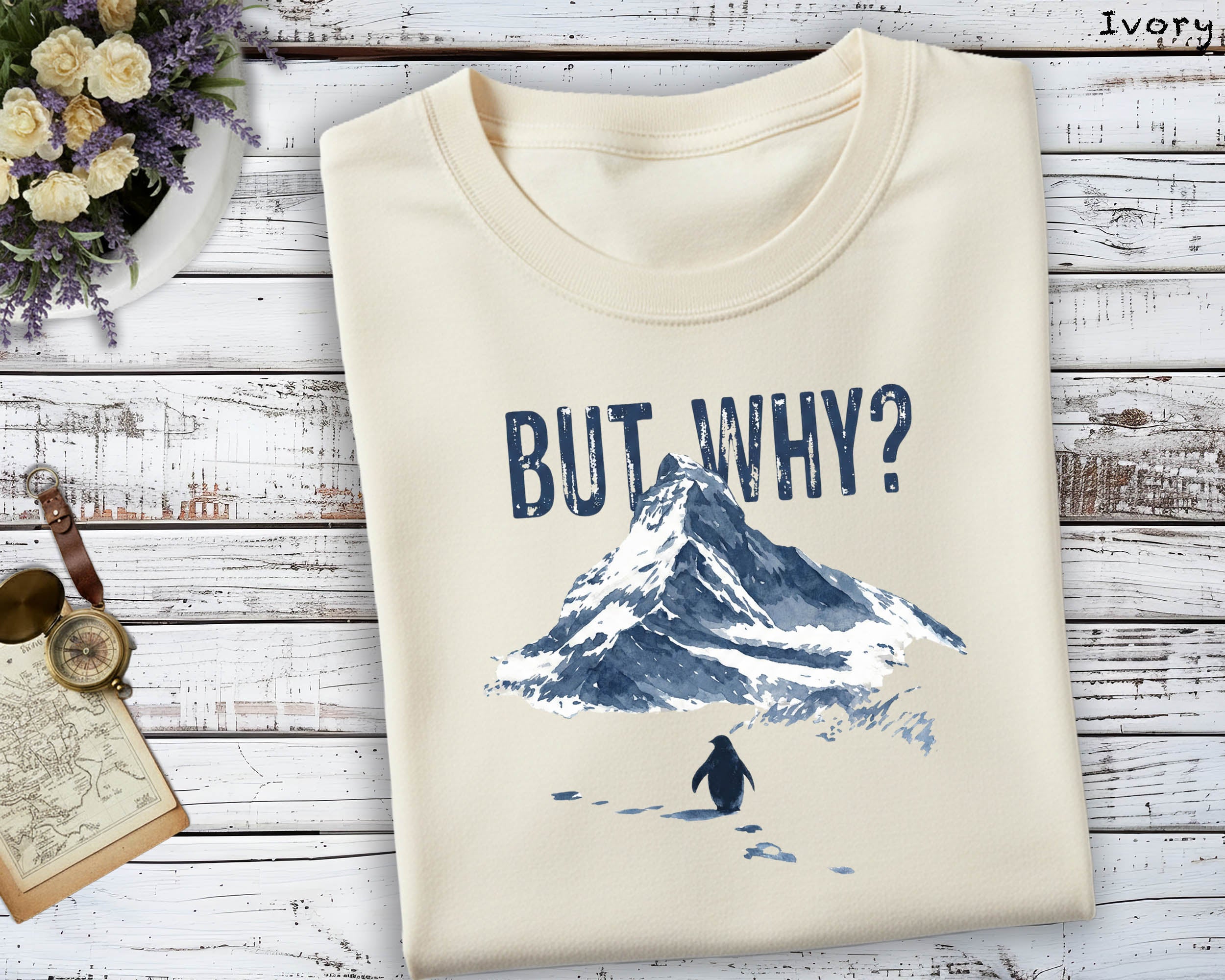 But Why Penguin Mountain T-Shirt, Emotional Themed Graphic Tee, Unisex Artistic Top