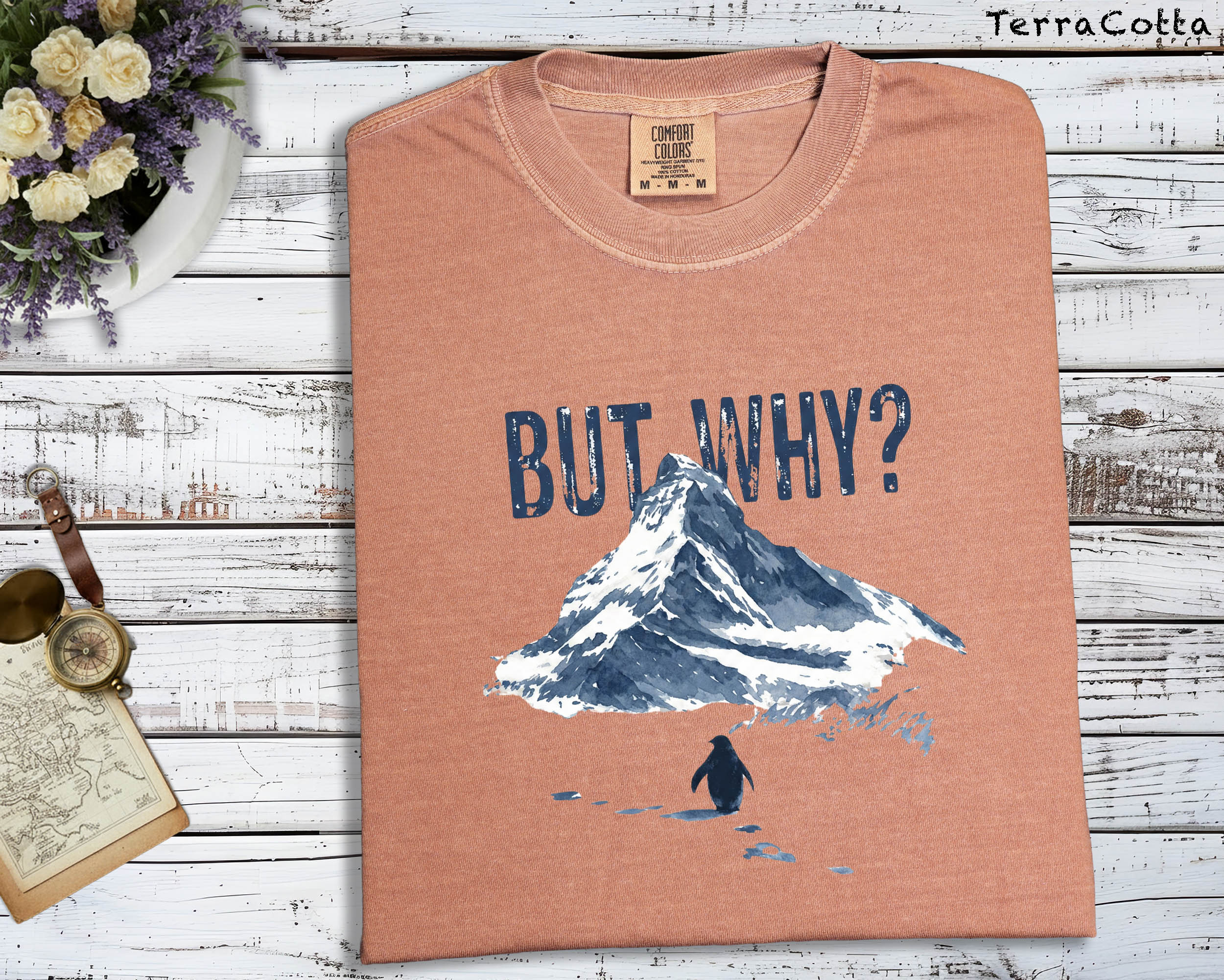 But Why Penguin Mountain T-Shirt, Emotional Themed Graphic Tee, Unisex Artistic Top
