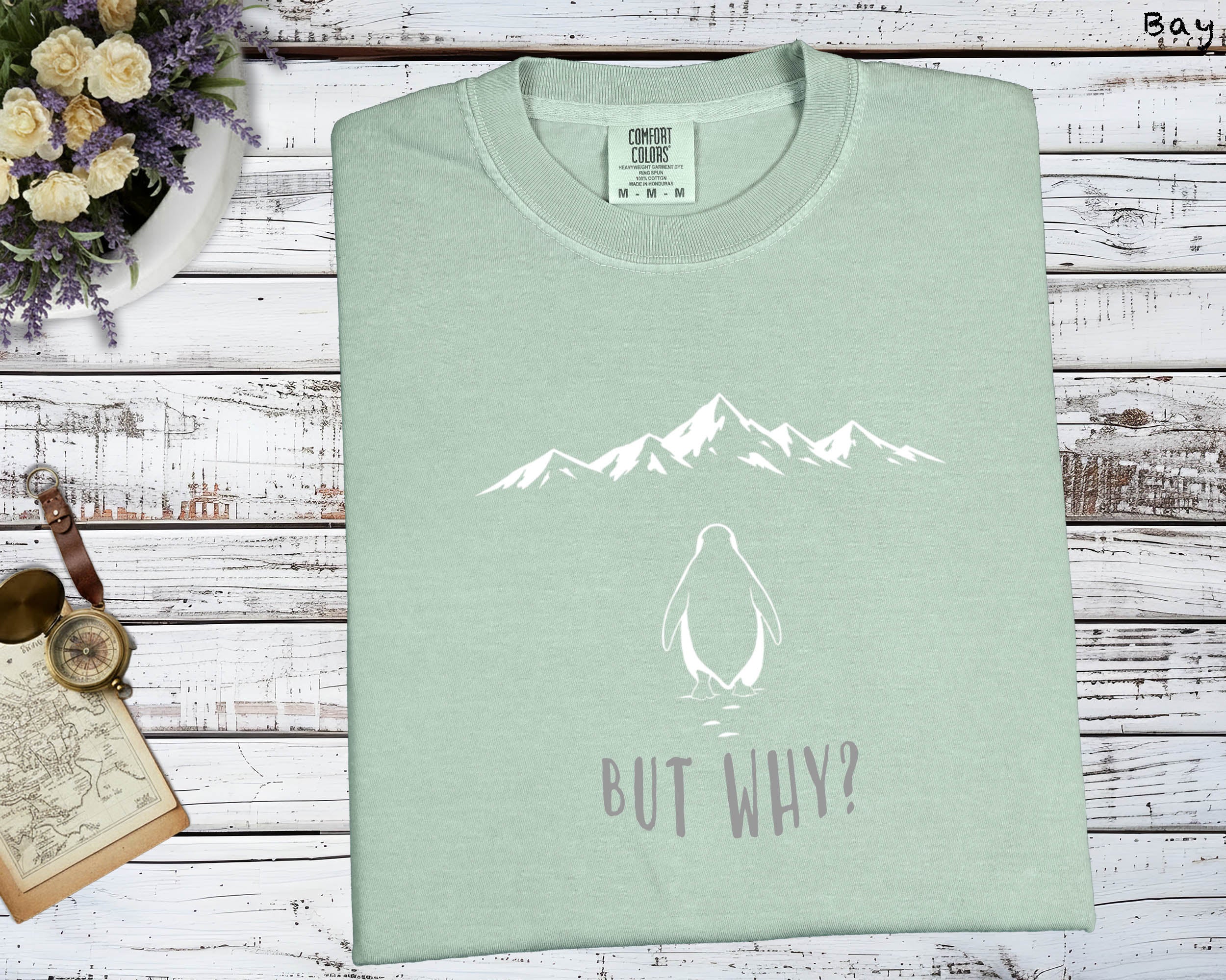 But Why Penguin Mountain T-Shirt, Emotional Themed Graphic Tee, Unisex Artistic Top