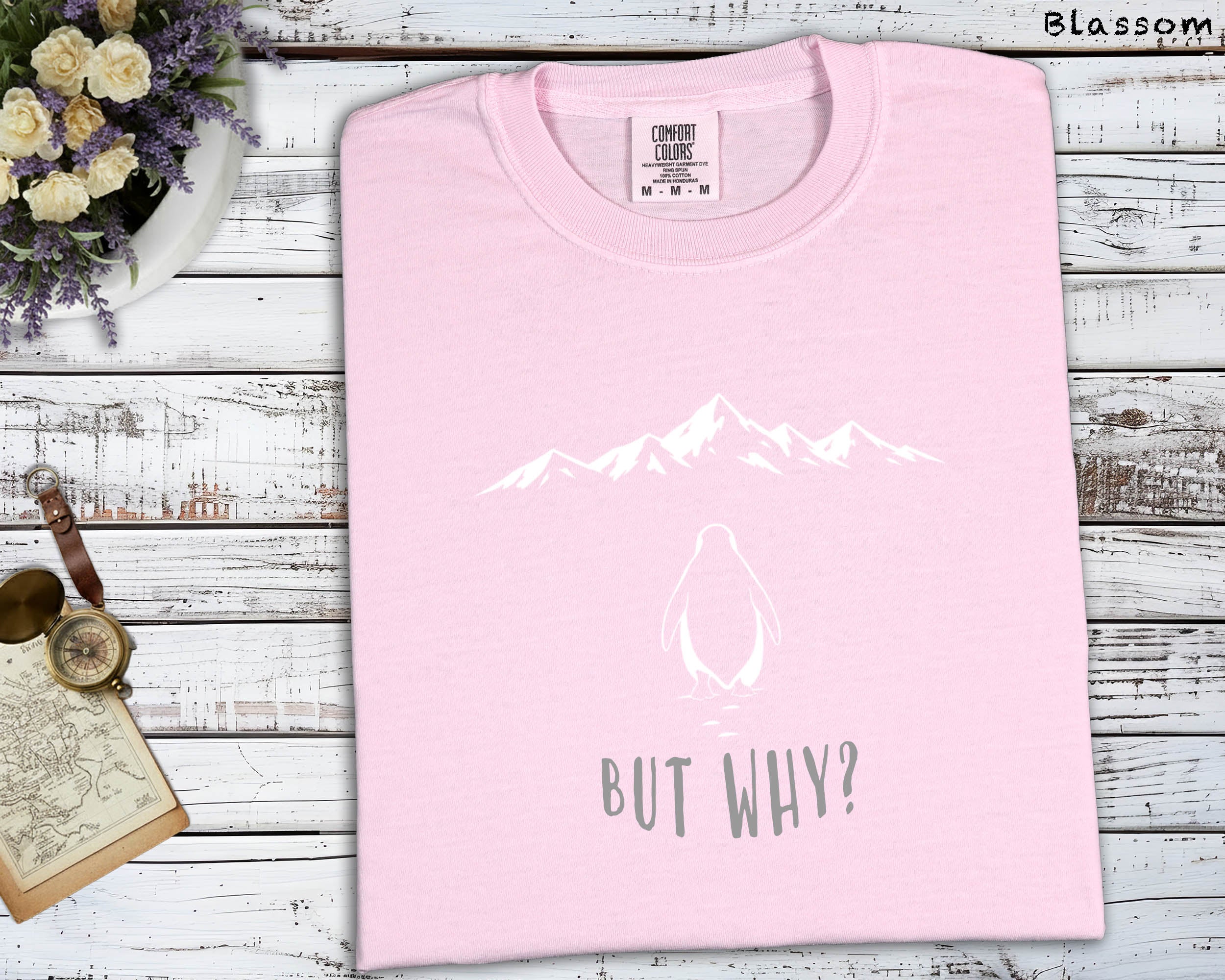 But Why Penguin Mountain T-Shirt, Emotional Themed Graphic Tee, Unisex Artistic Top