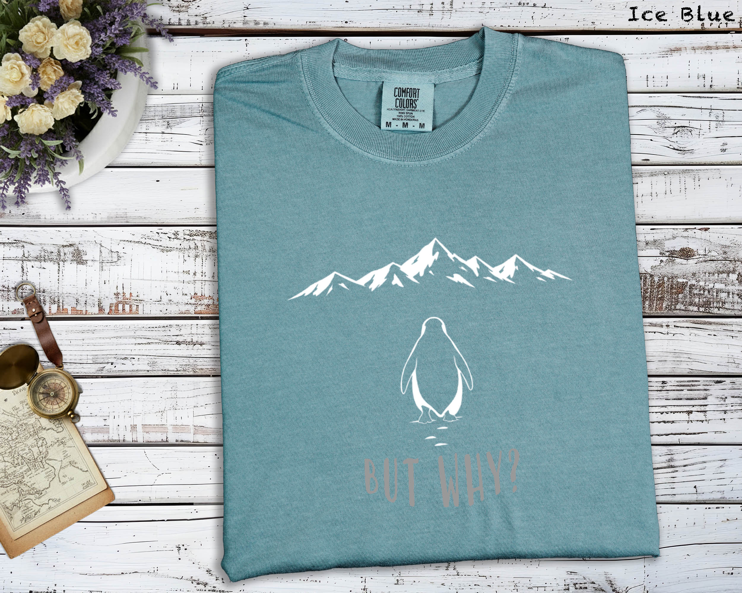 But Why Penguin Mountain T-Shirt, Emotional Themed Graphic Tee, Unisex Artistic Top