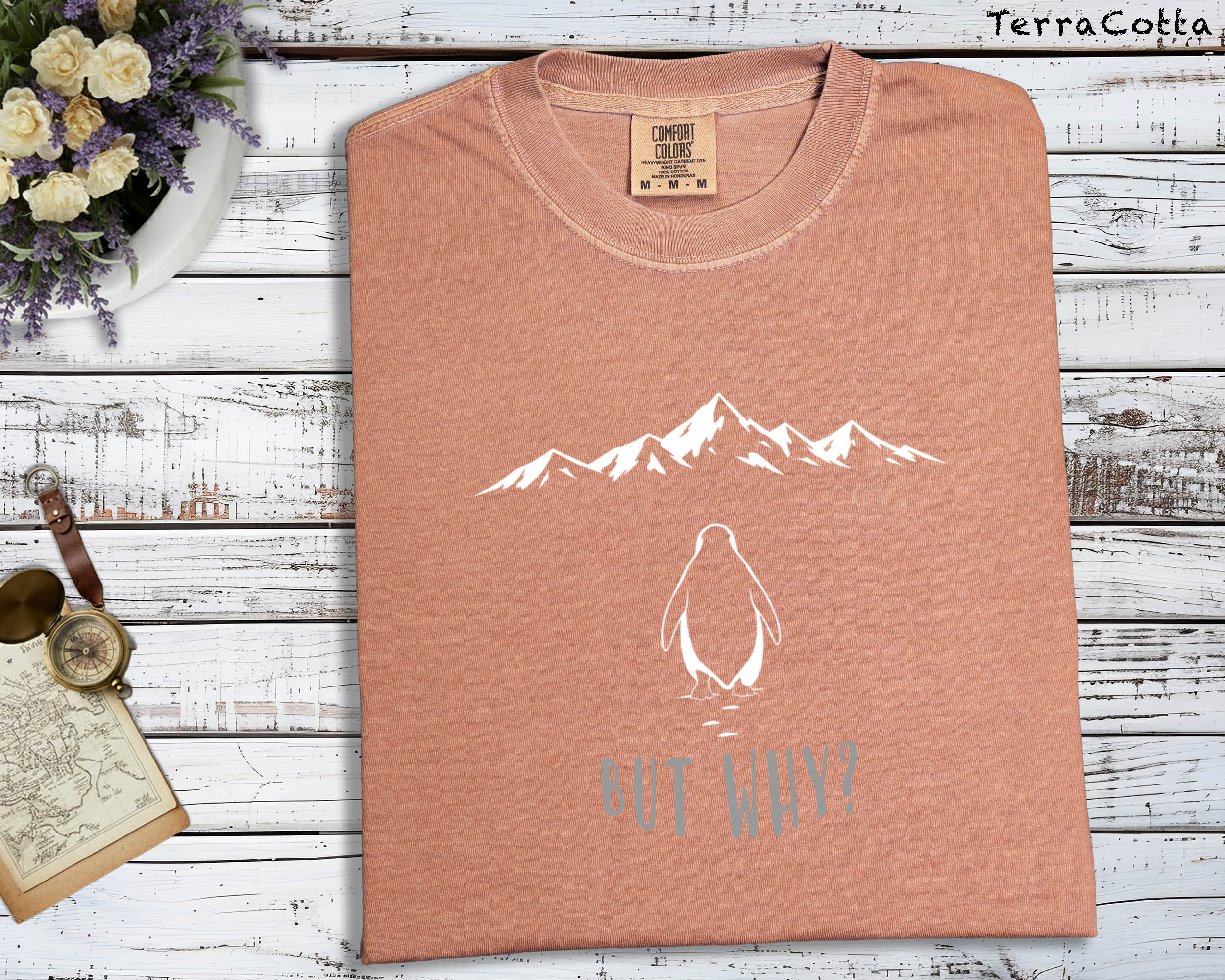 But Why Penguin Mountain T-Shirt, Emotional Themed Graphic Tee, Unisex Artistic Top