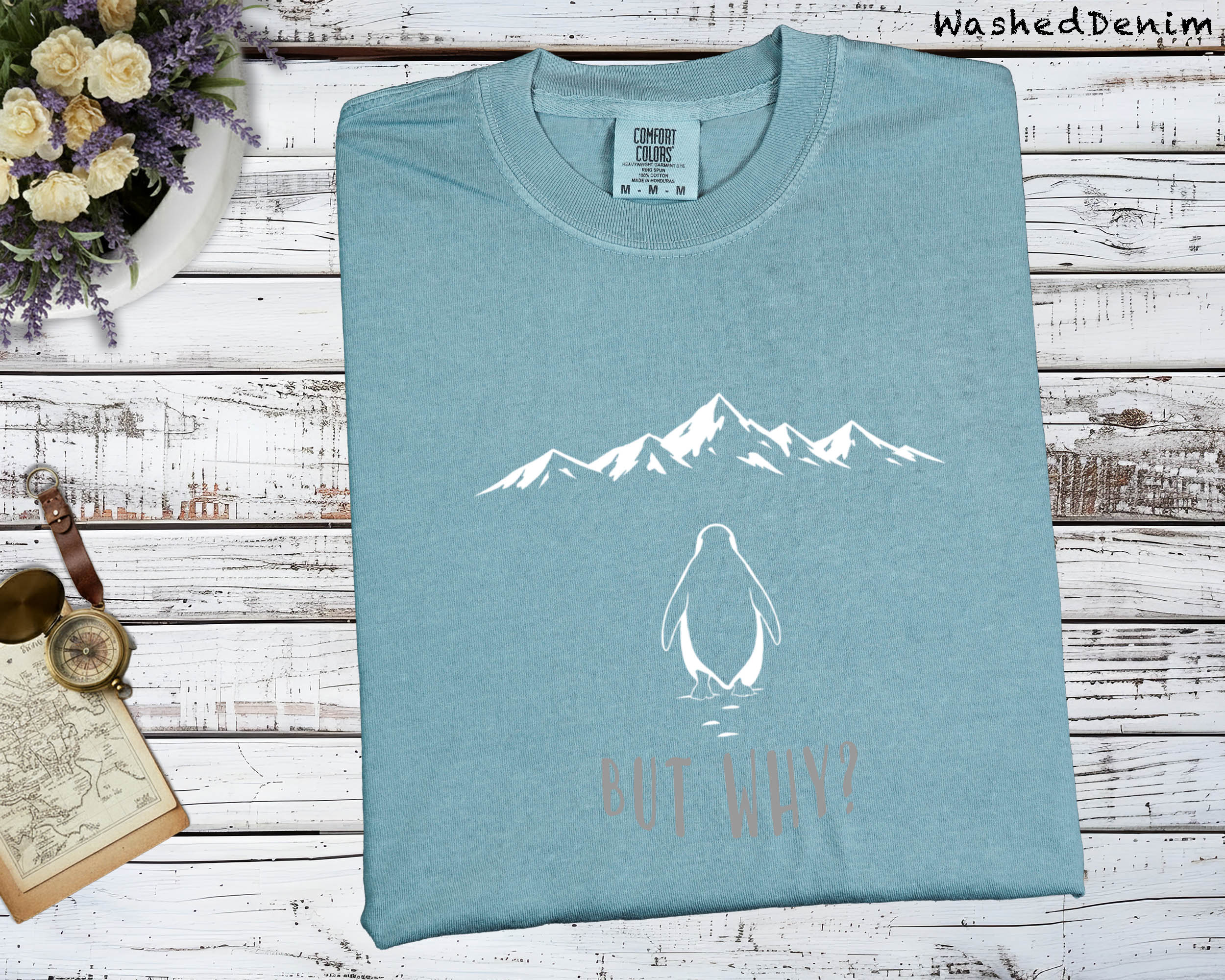 But Why Penguin Mountain T-Shirt, Emotional Themed Graphic Tee, Unisex Artistic Top
