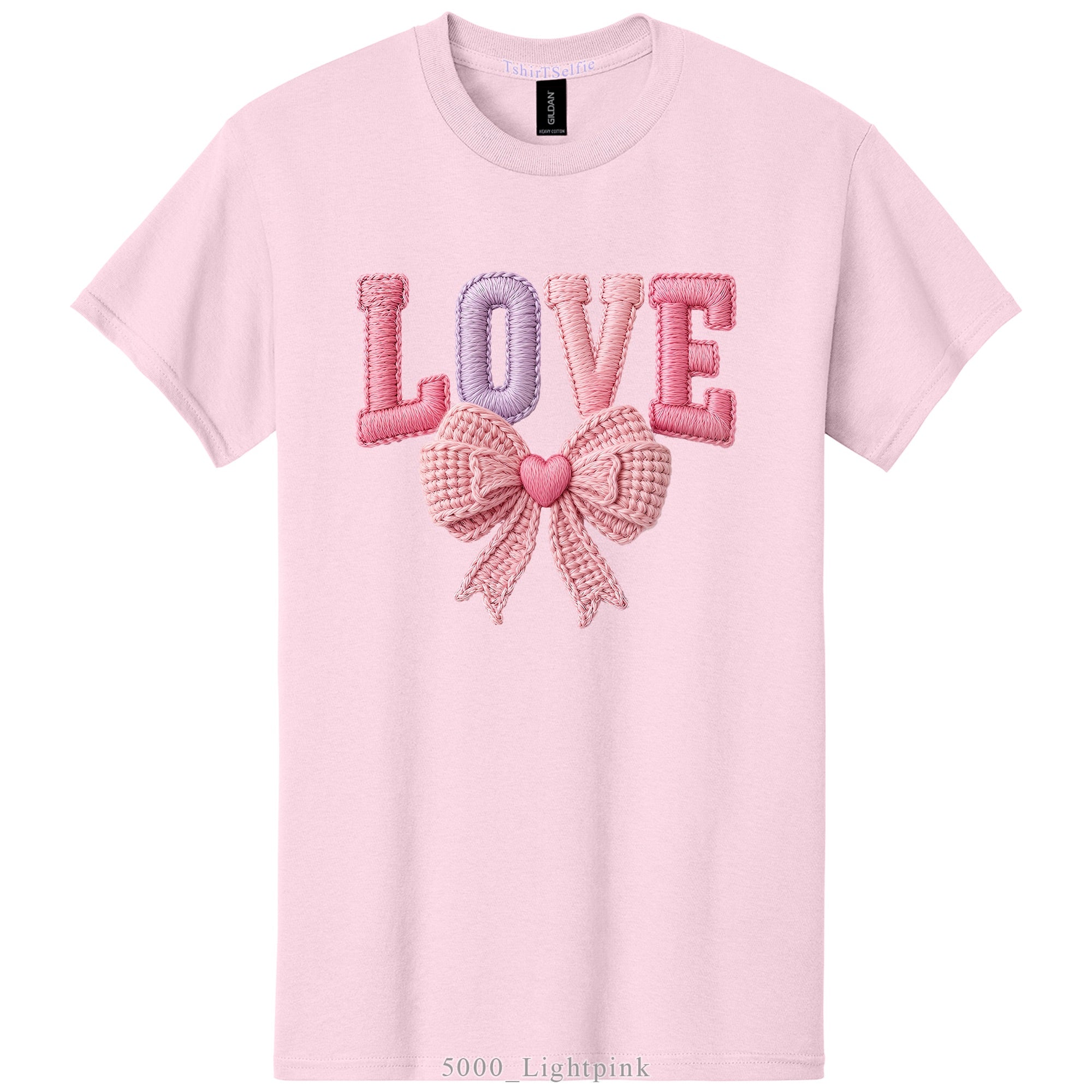 Embroidery Look Bow Detailed Love Lettered DTF Printed T-Shirt