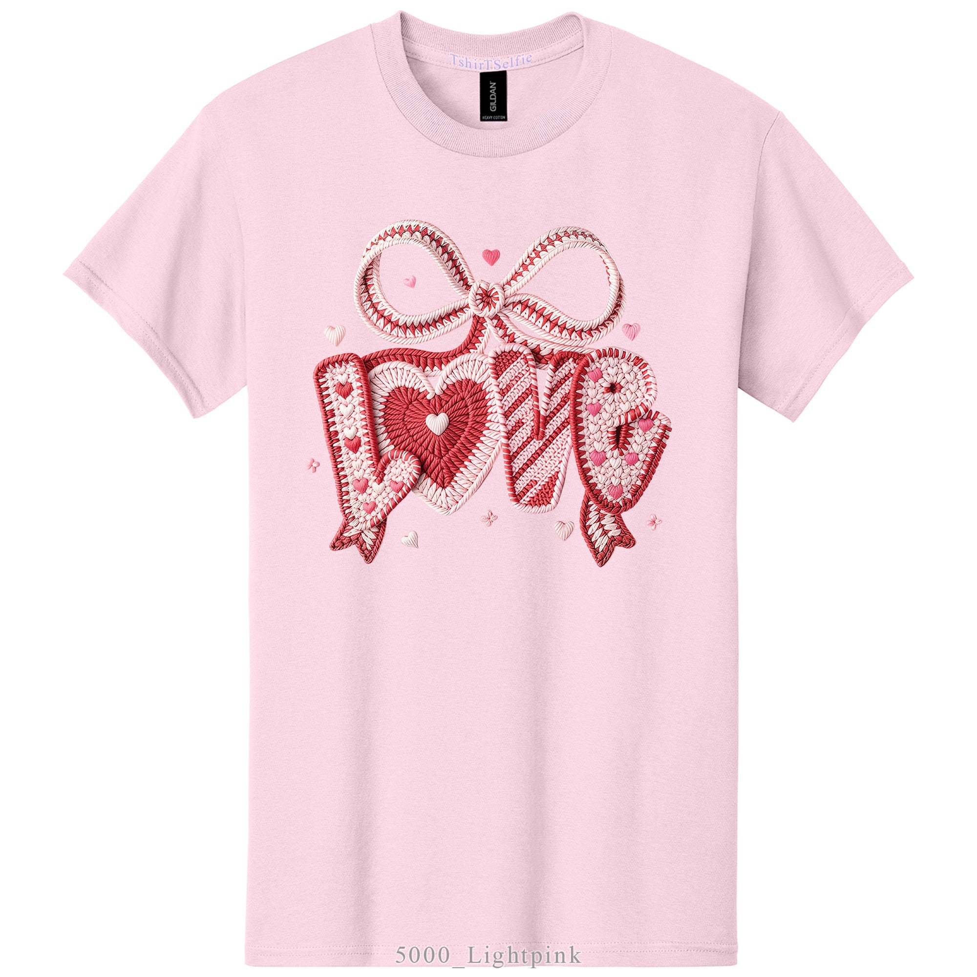 Crochet Heart and Bow Detailed Love Lettered Valentines Day DTF Printed T-Shirt
