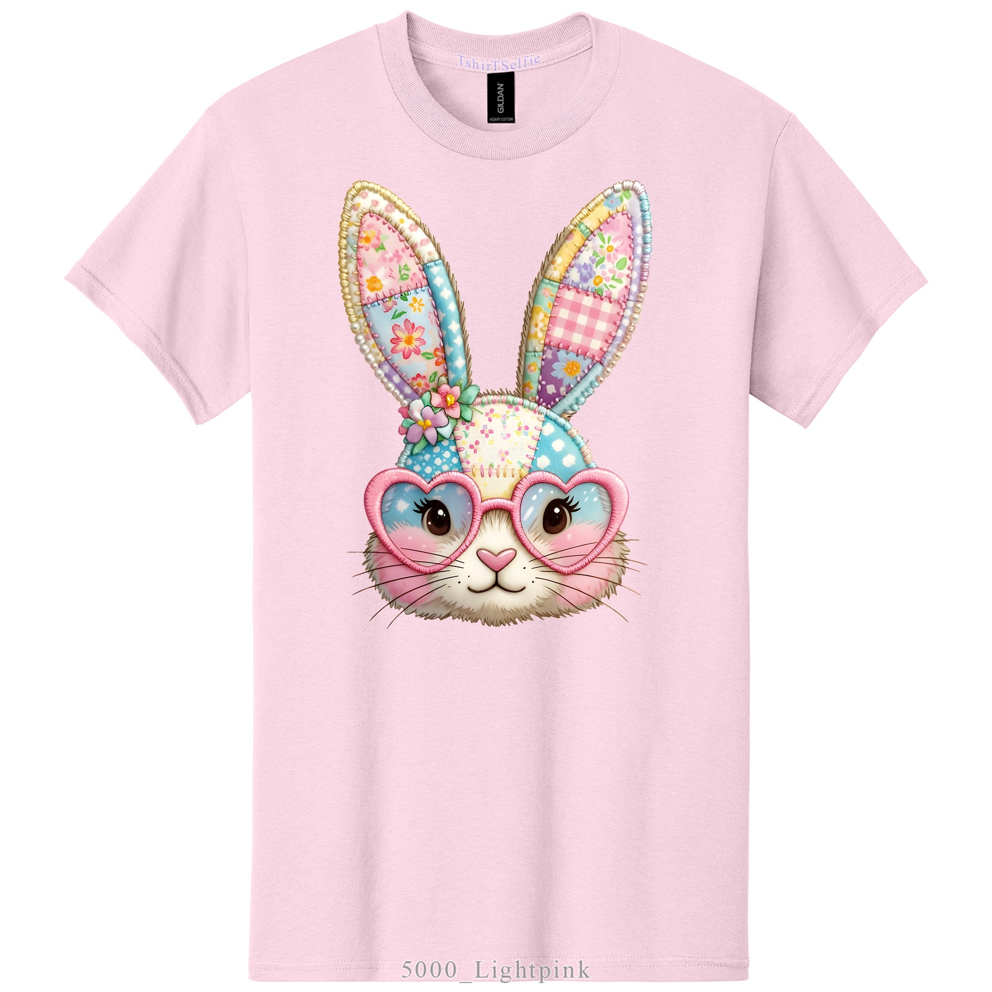 Patchwork Pattern Bunny with Heart Glasses Easter DTF Printed T-Shirt