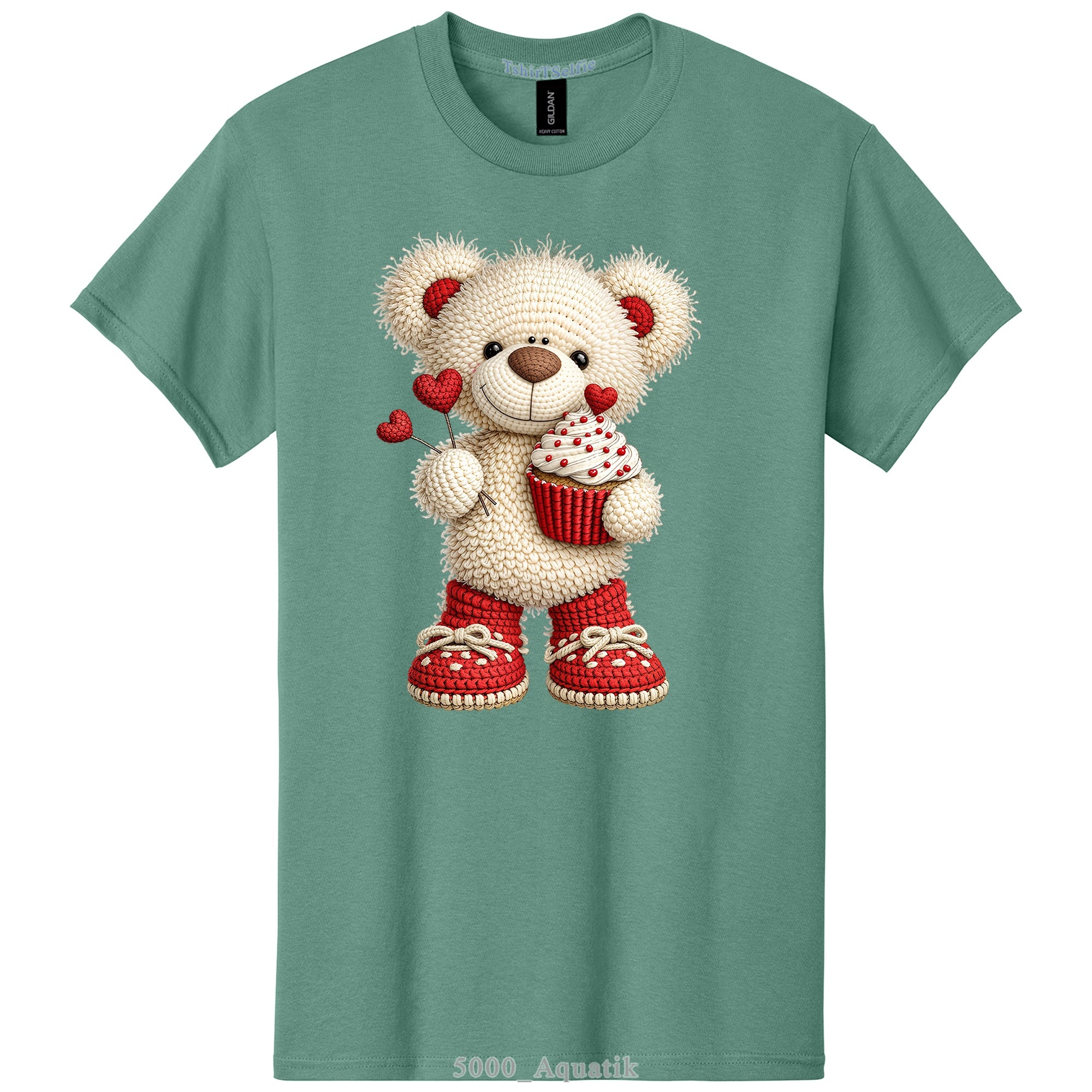 Crochet Heart Bear and Cupcake Design DTF Printed T-Shirt