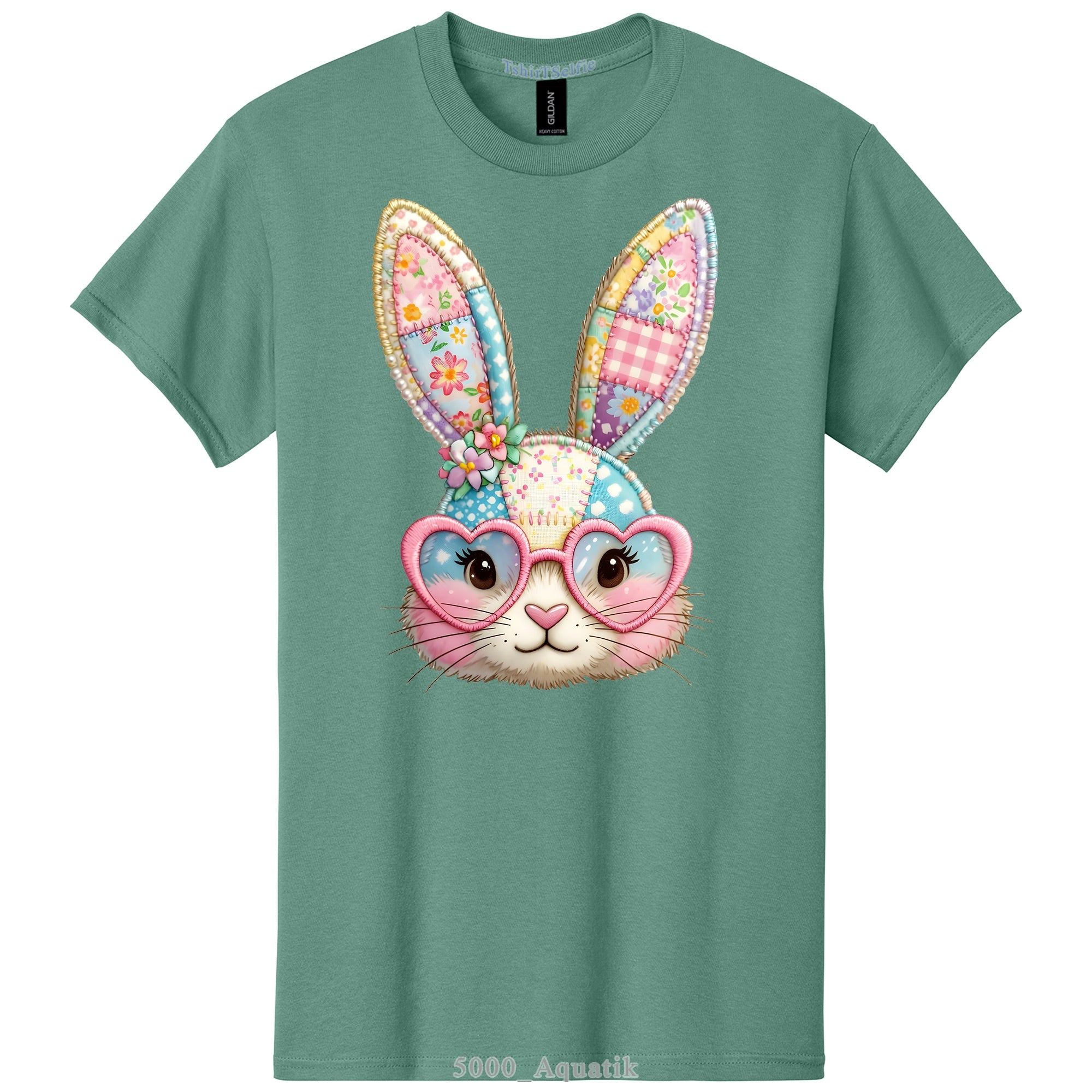 Patchwork Pattern Bunny with Heart Glasses Easter DTF Printed T-Shirt