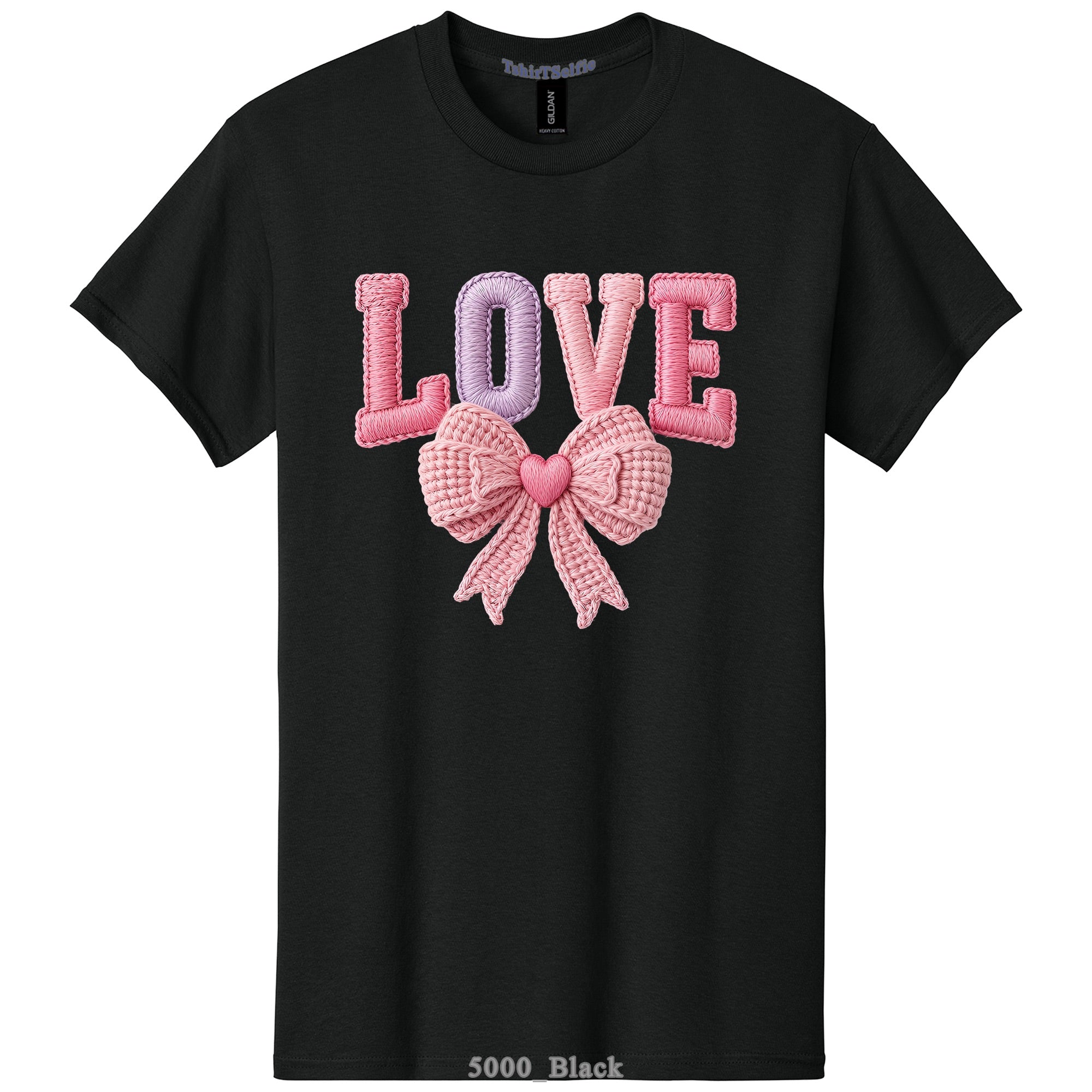 Embroidery Look Bow Detailed Love Lettered DTF Printed T-Shirt