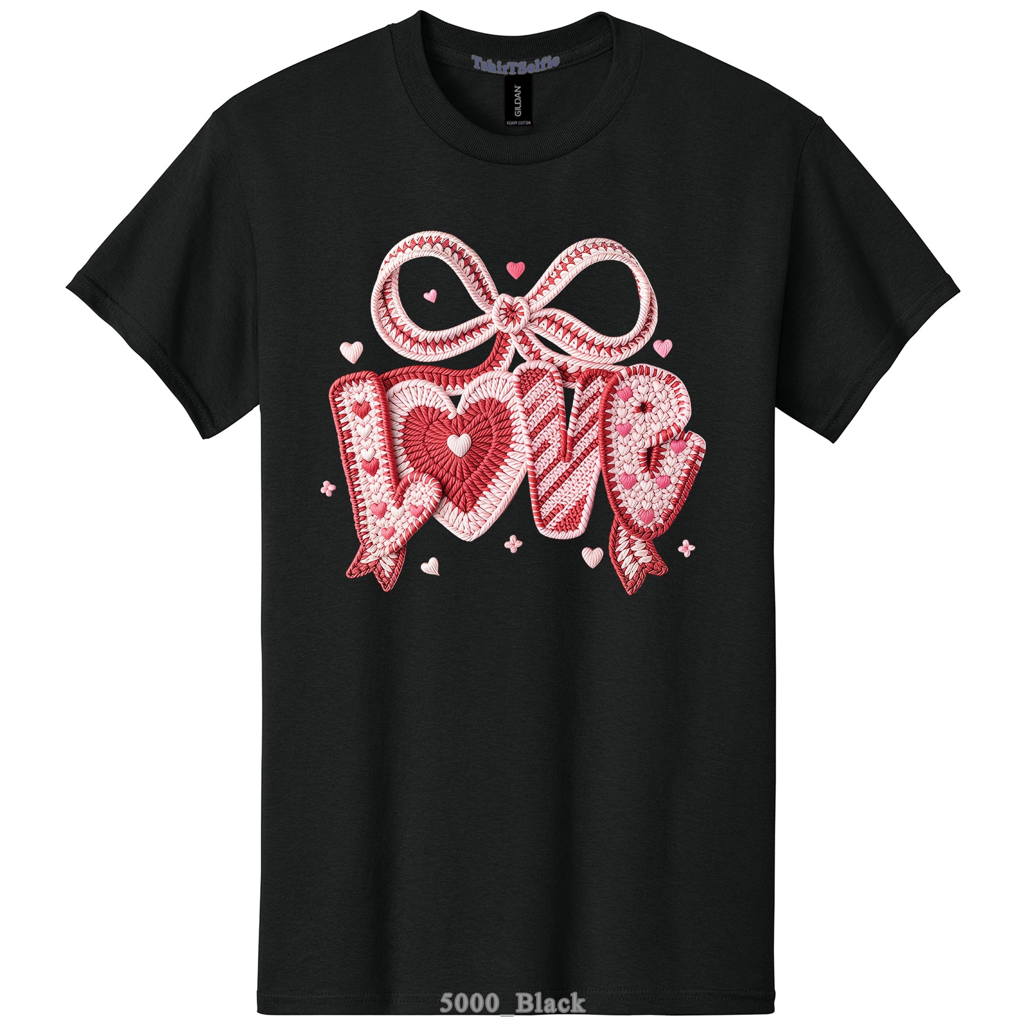 Crochet Heart and Bow Detailed Love Lettered Valentines Day DTF Printed T-Shirt