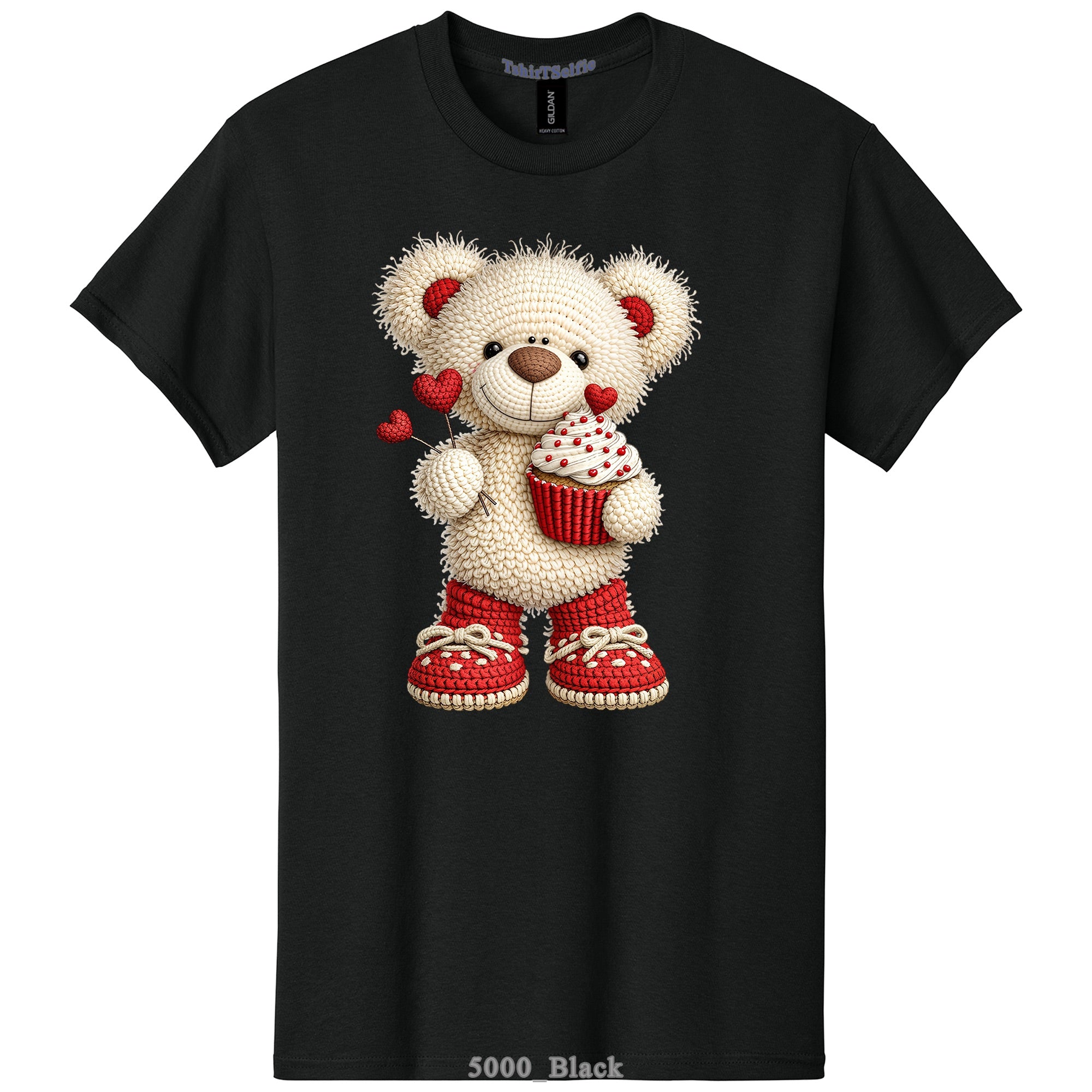 Crochet Heart Bear and Cupcake Design DTF Printed T-Shirt