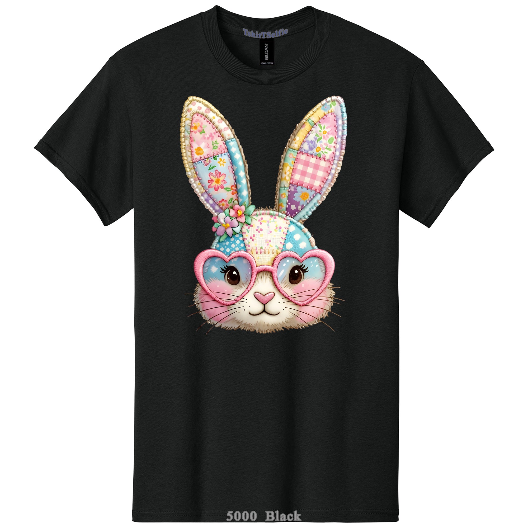 Patchwork Pattern Bunny with Heart Glasses Easter DTF Printed T-Shirt