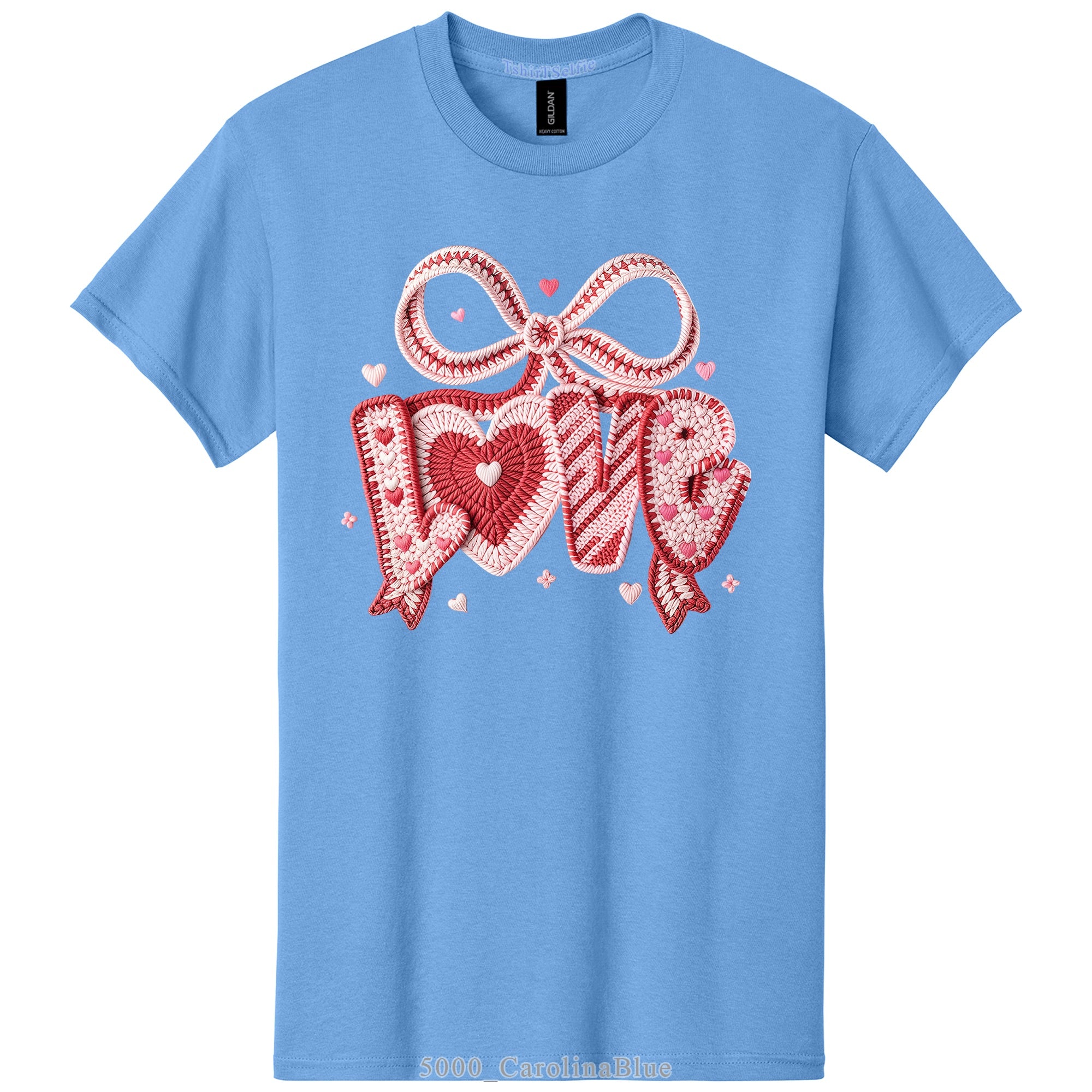 Crochet Heart and Bow Detailed Love Lettered Valentines Day DTF Printed T-Shirt