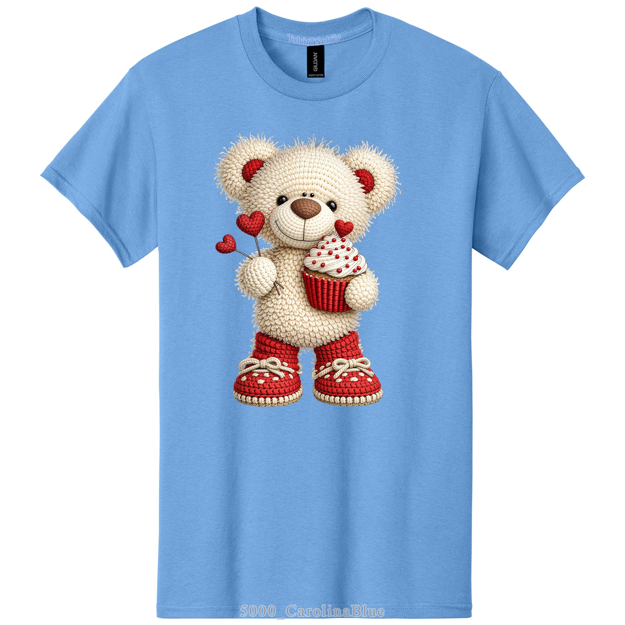 Crochet Heart Bear and Cupcake Design DTF Printed T-Shirt