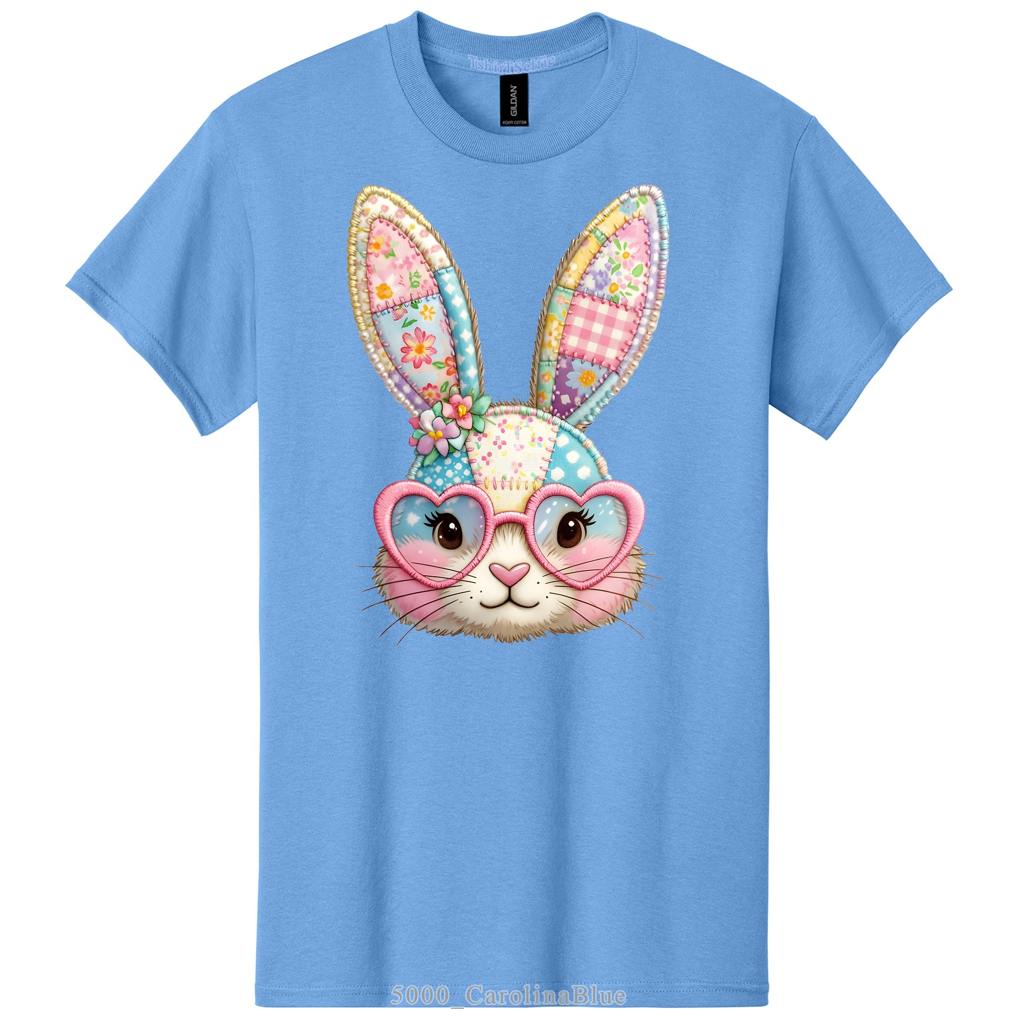 Patchwork Pattern Bunny with Heart Glasses Easter DTF Printed T-Shirt